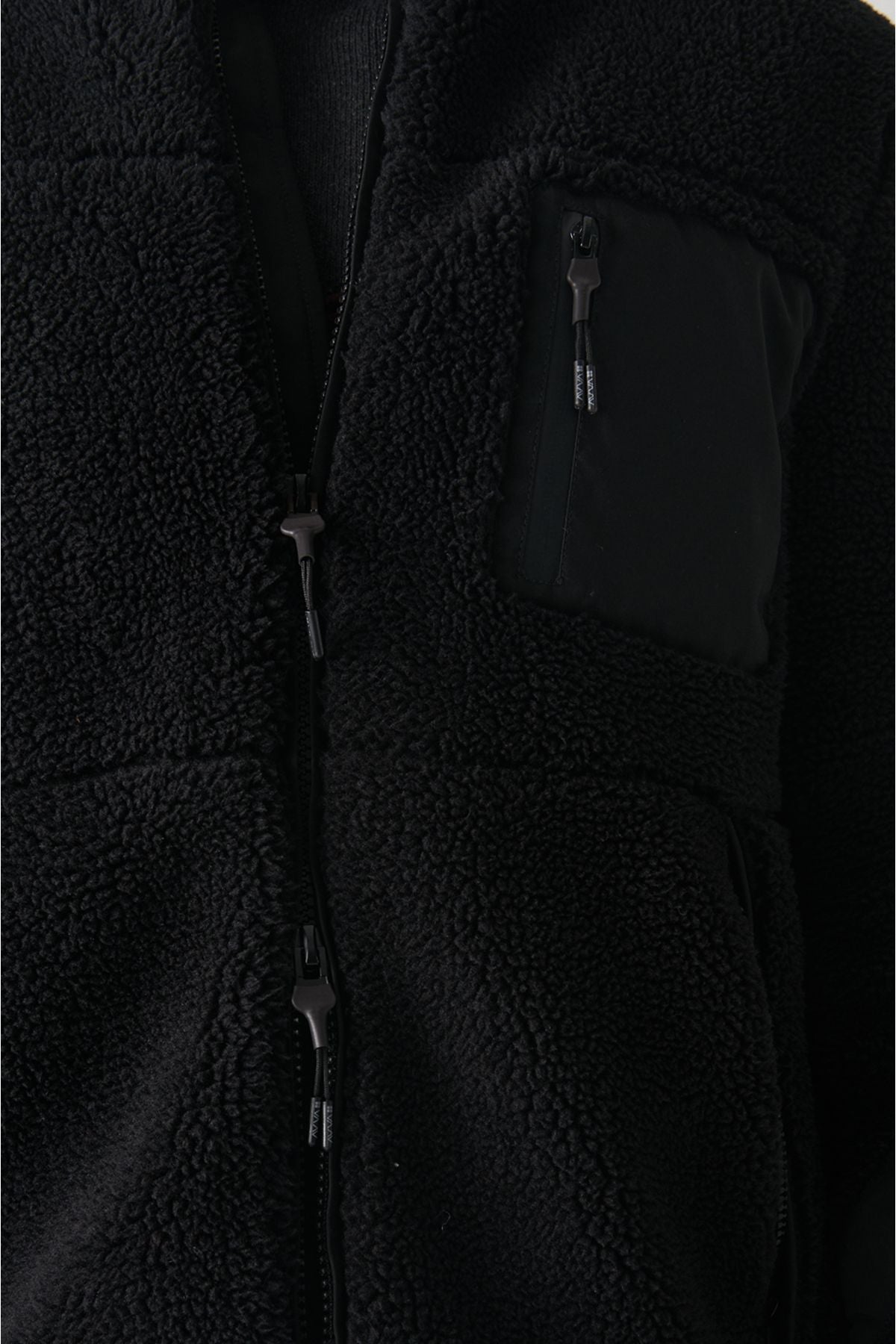Men's black upright collar plush coat A22y6026