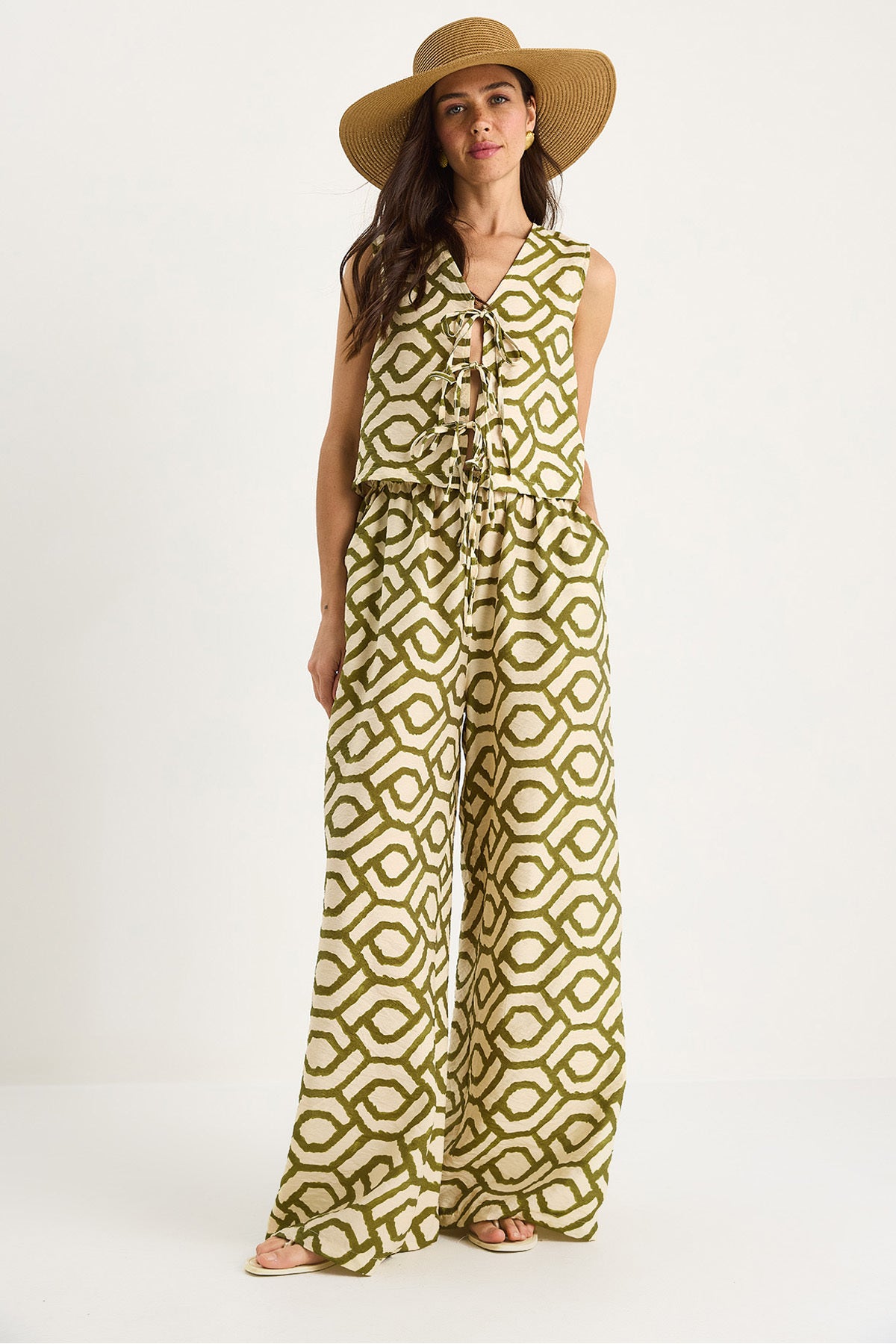 Women's Tie Detailed Blouse Patterned Viscose Top and Bottom Set 252-8035 60283427