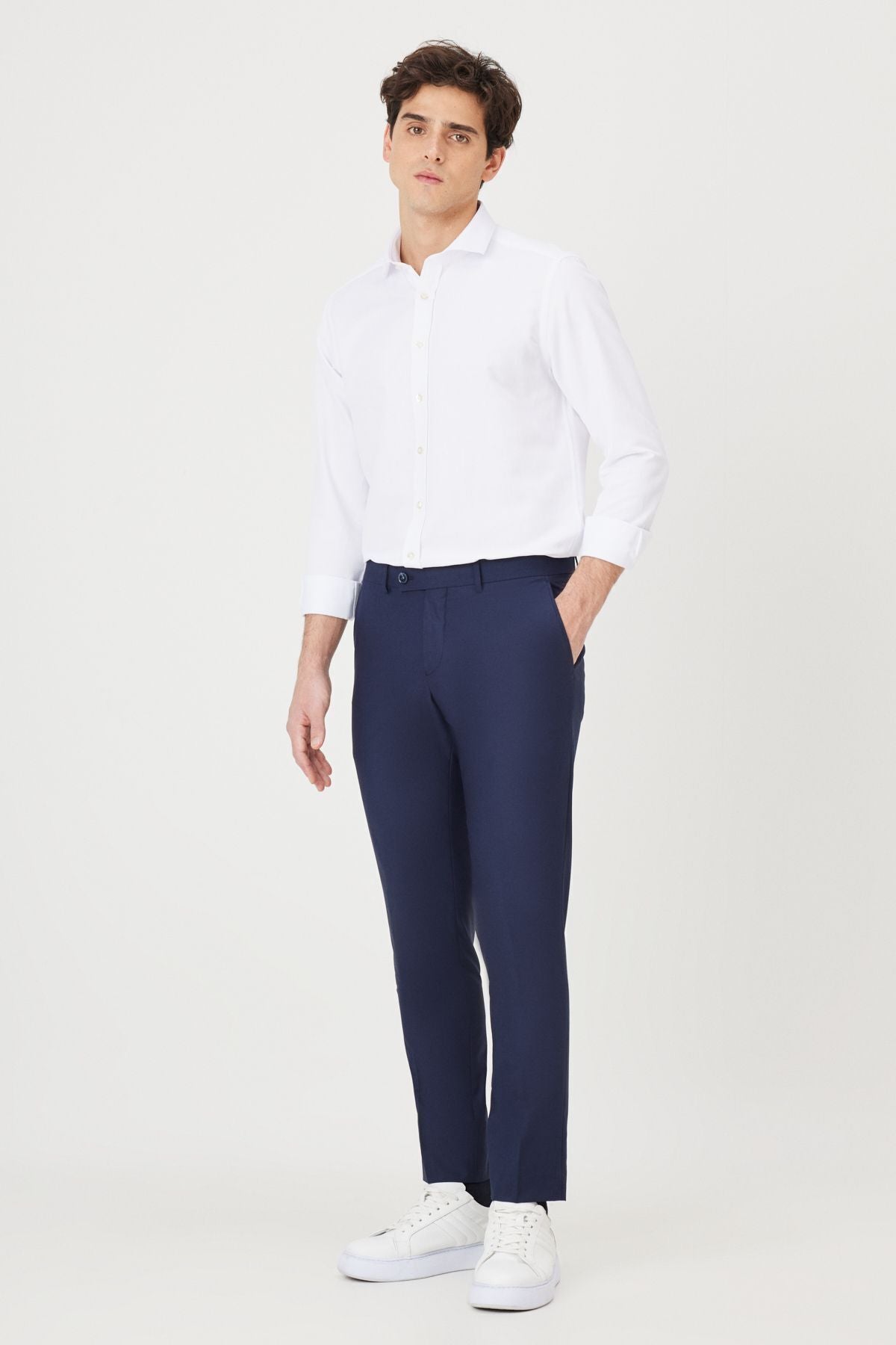 Men's navy blue slim fit narrow cut classic side pocket pants