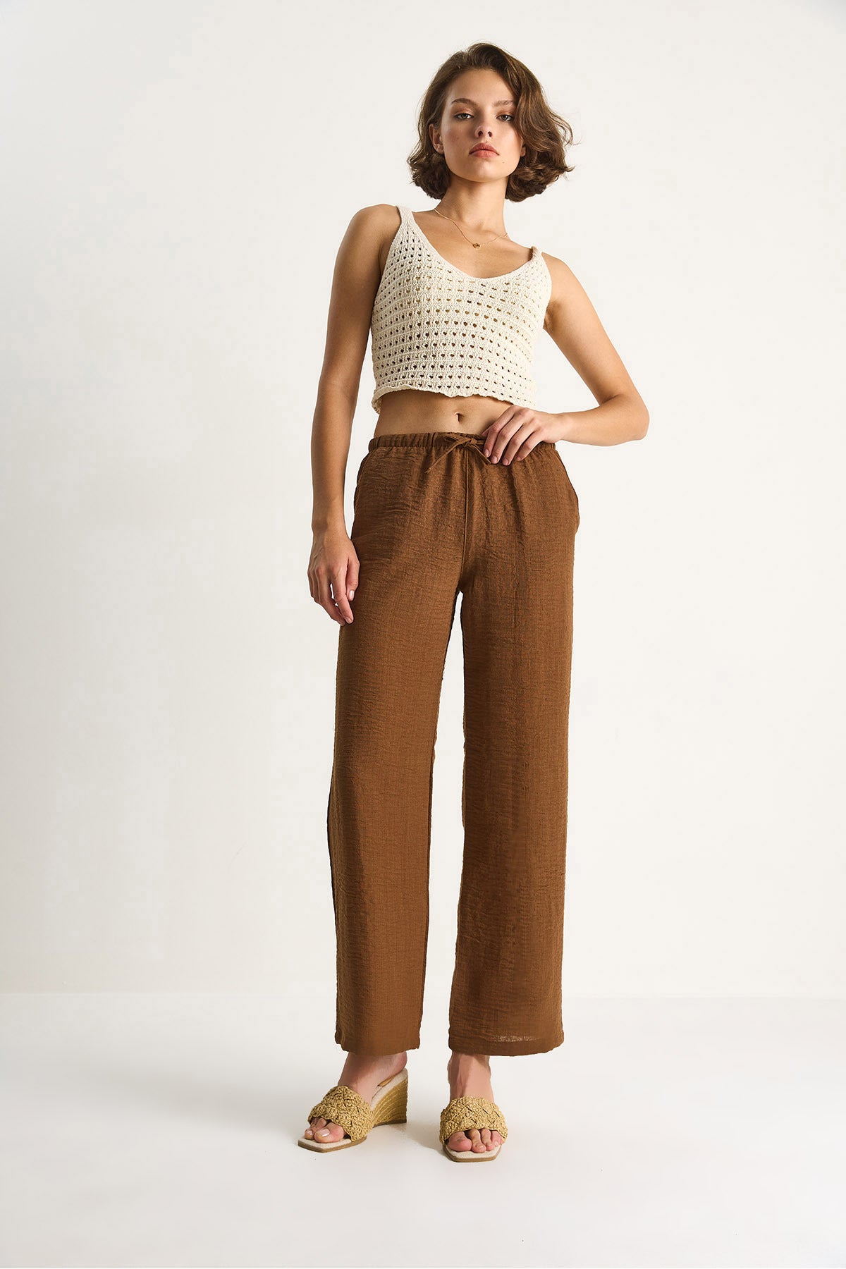 Women's Tie Waist Pocket Detailed Linen Palazzo Trousers R6675 60283146
