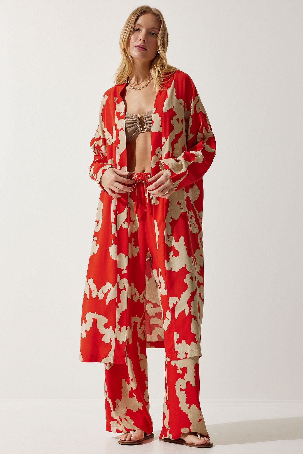 Female Oranj Beige Patterned Viscose Kimono Palazzo Pants Set CI00086