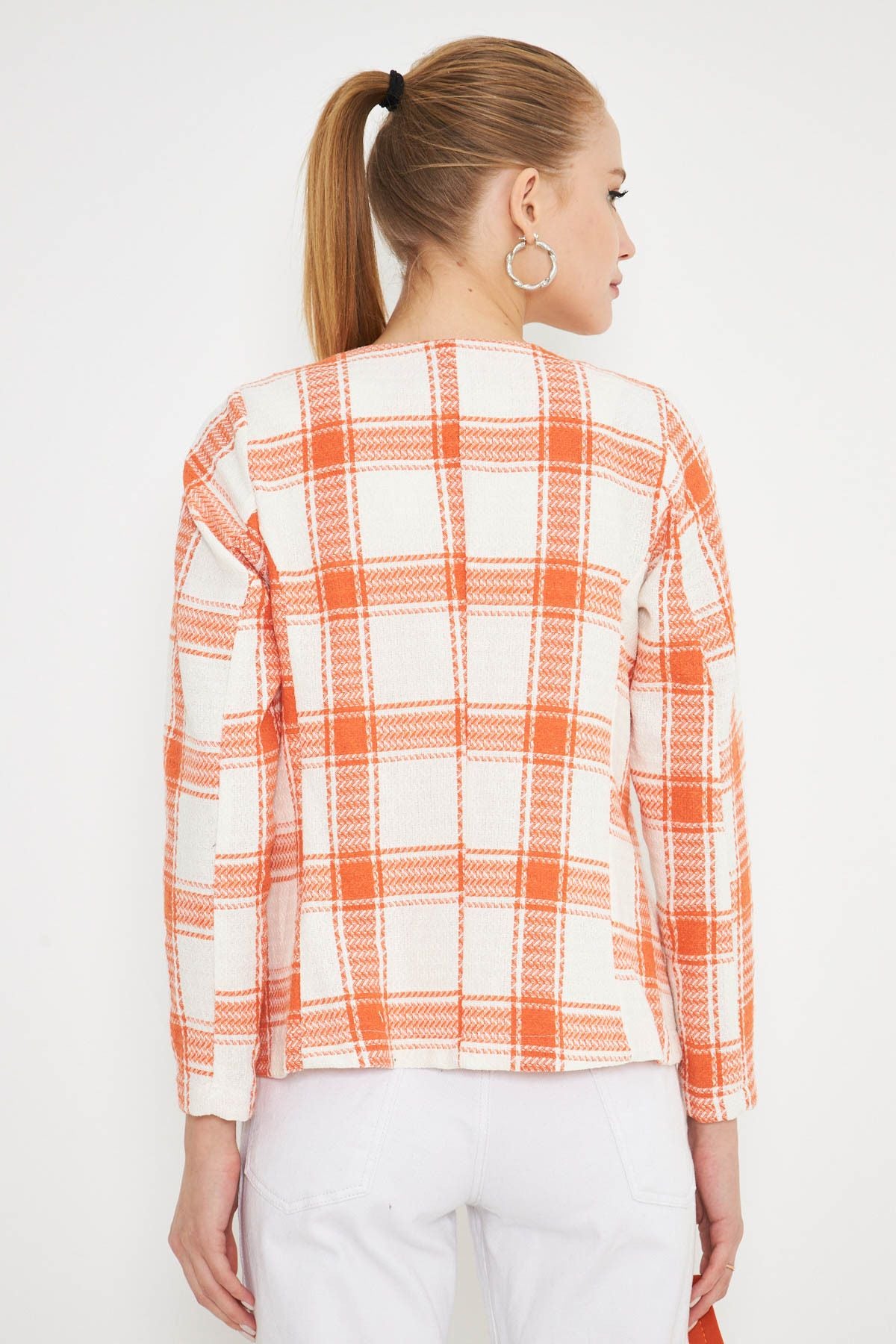 Women's Orange V-Neck collar brooch detailed plaid jacket ARM-25K001033