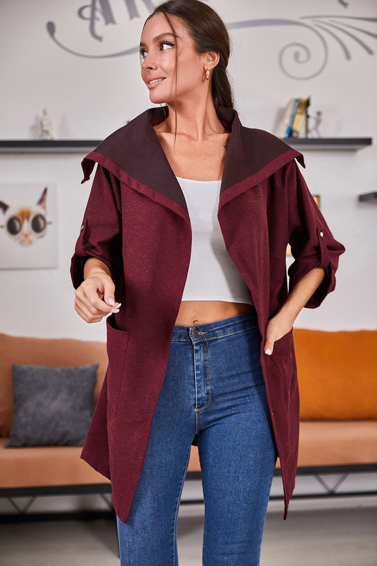 Female Bordeaux R back Flower Printed Seasonal Jacket ARM-20K024030