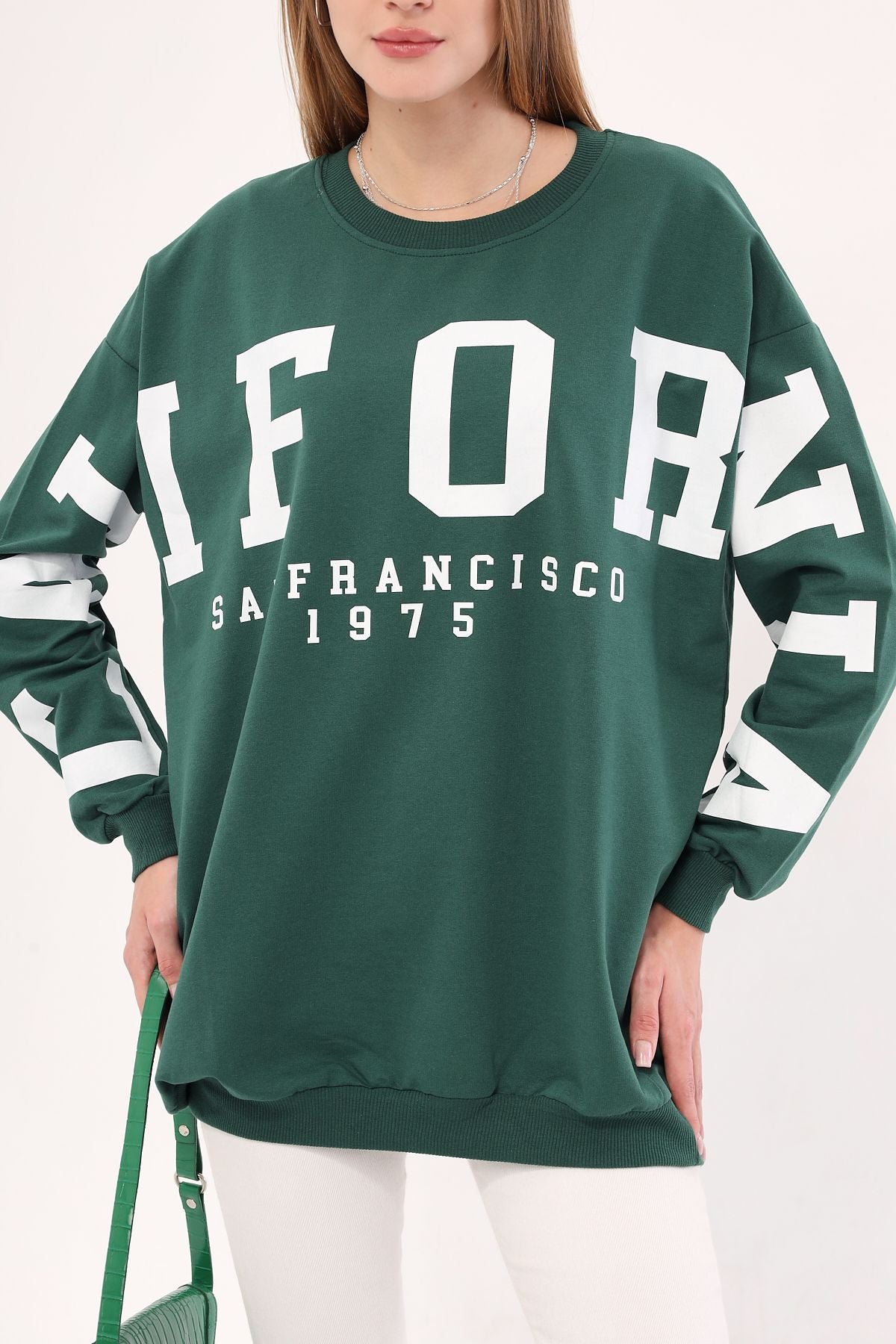 Woman Dark Green Bicycle Collar Calıfornia Printed Oversize Sweatshirt Arm-25k001023