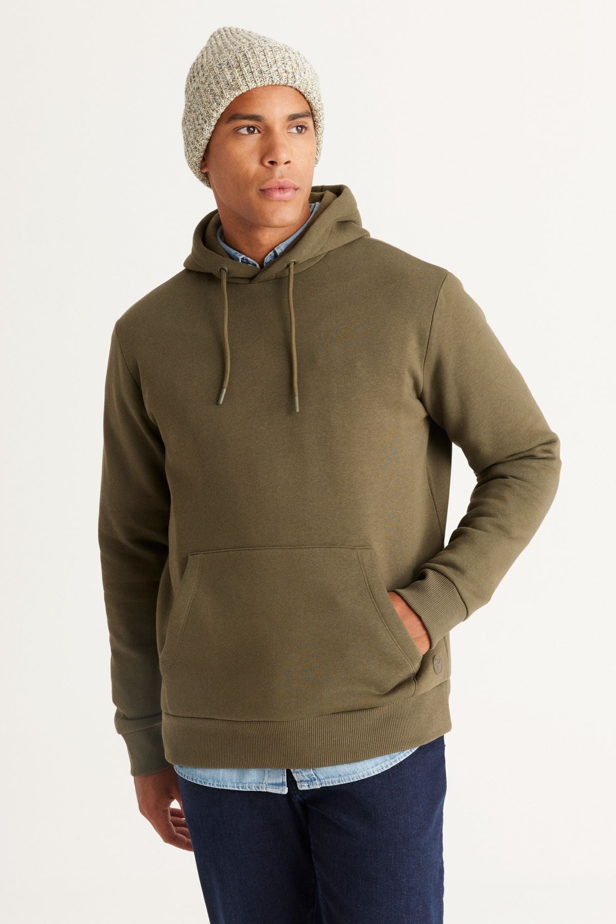 Men's Khaki Standard Fit Normal Cutting Içi Polar 3 IP hooded kangaroo pocket cotton sweatshirt