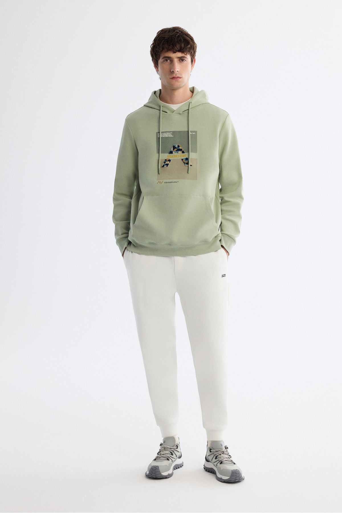 Men's Mint Green Hooded Cotton Printed Elastan Sweatshirt A42y1321