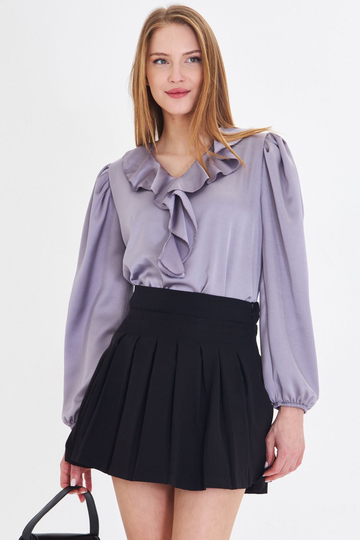 Female gray collar frilled shoulder shirred arm tire cotton satin blouse ARM-22K001059