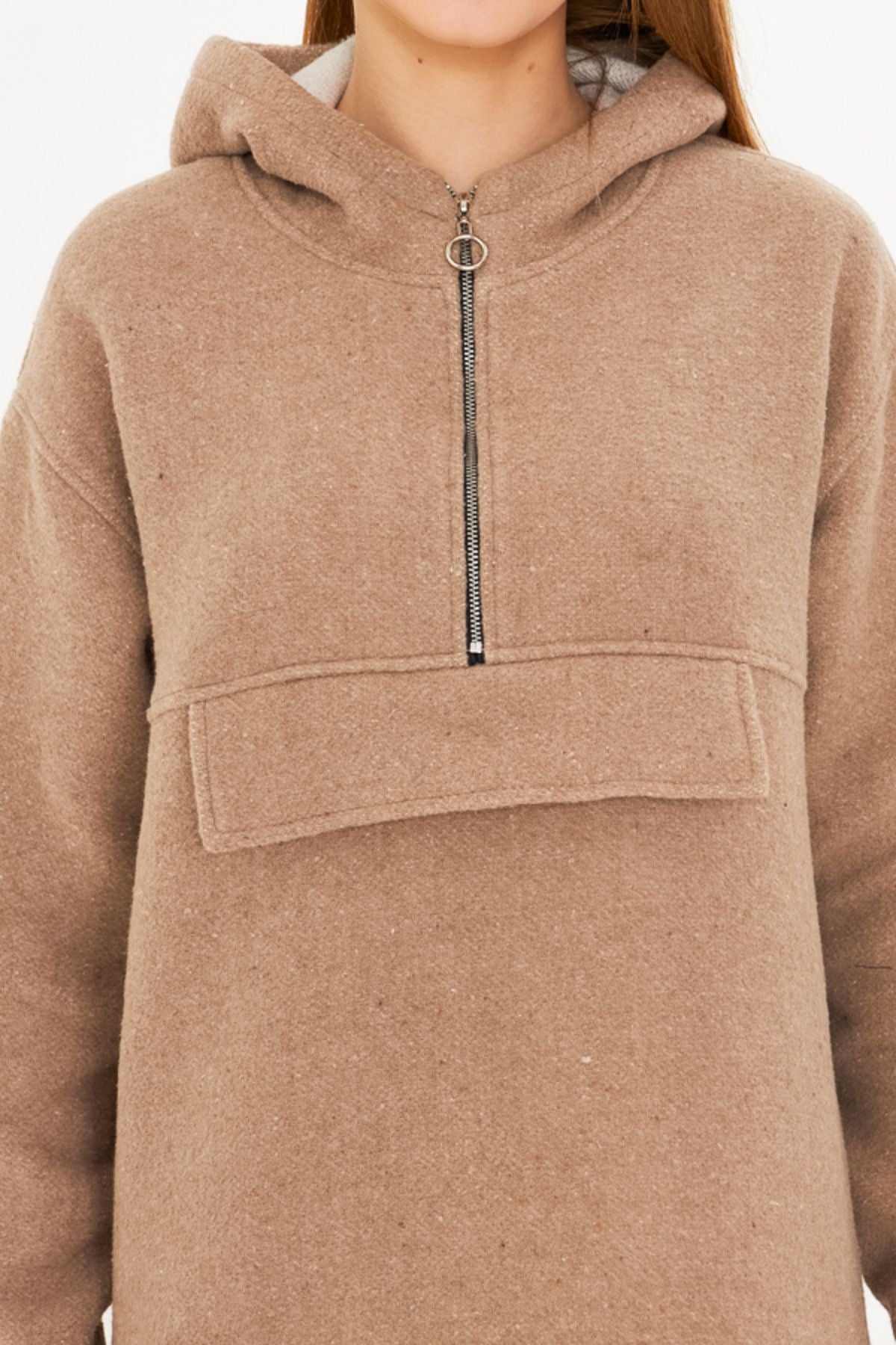 Female Beige Hooded Mobile Caple Stamp Sweatshirt Arm-25k001097
