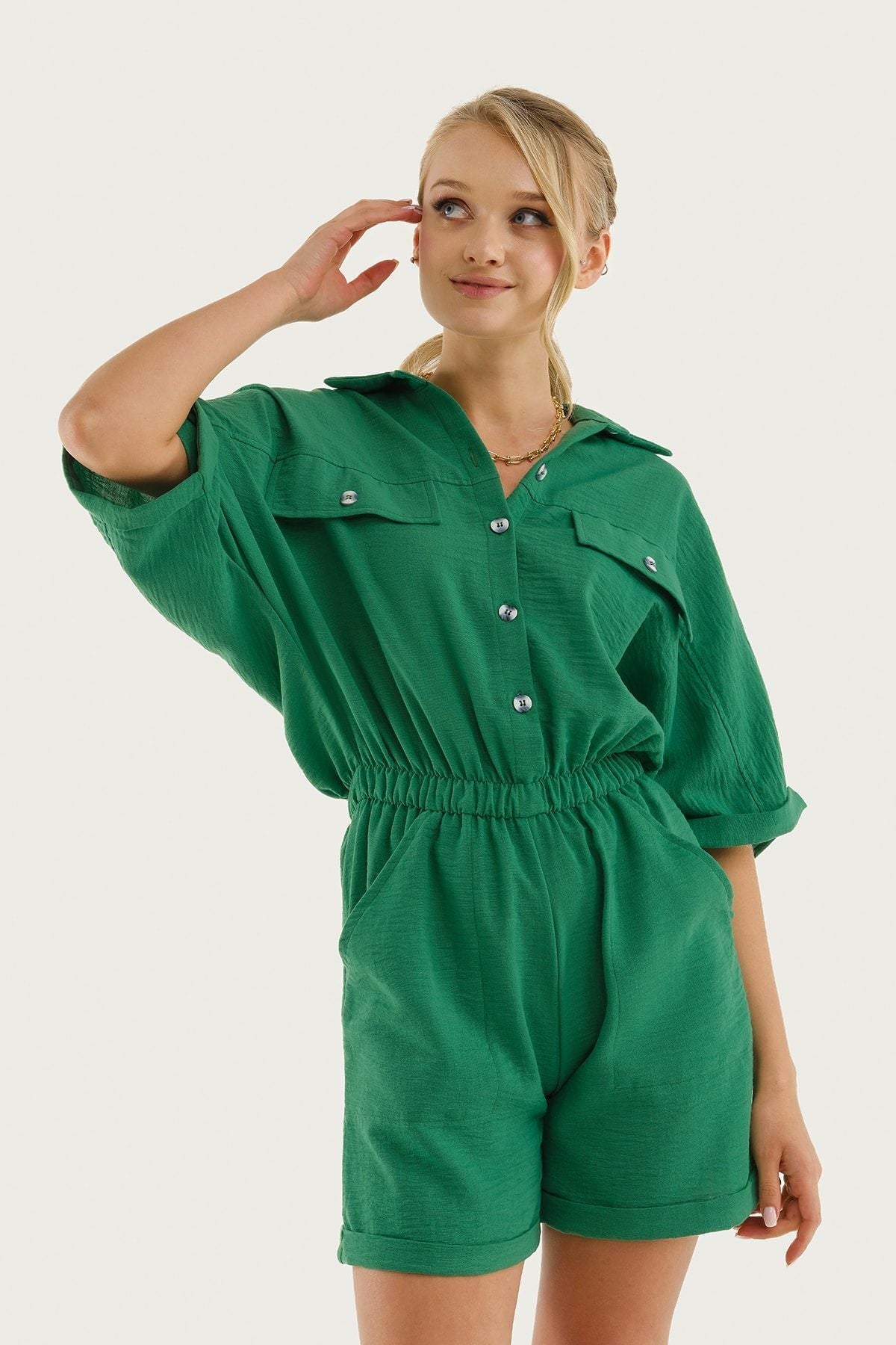 WOMEN'S GREEN BY ARM POCKET Waist Waist Wales Jumpsuit with Tulum Arm-23y001075