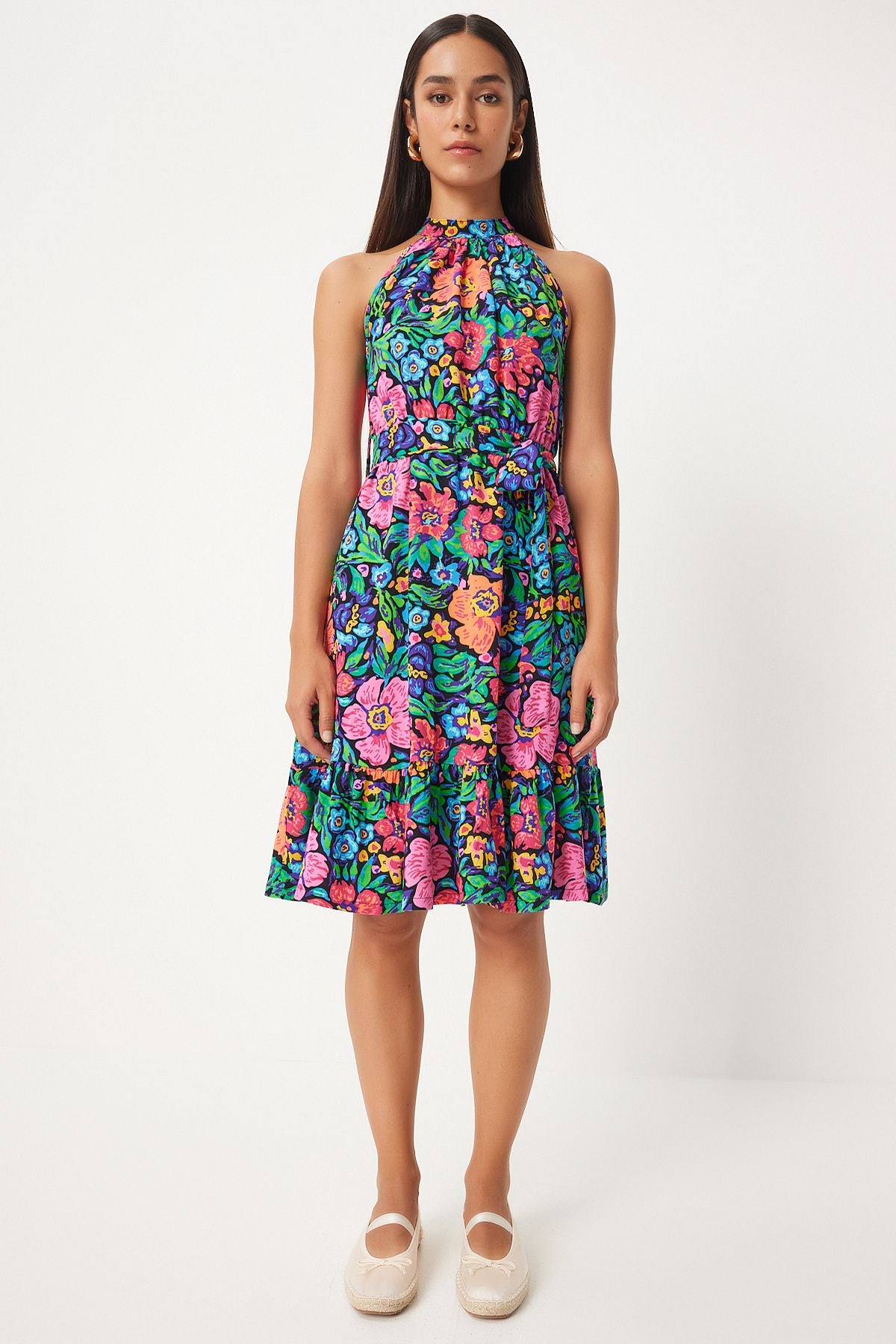 Woman Pink Blue Belt Flower Patterned Midi Dress AN00204