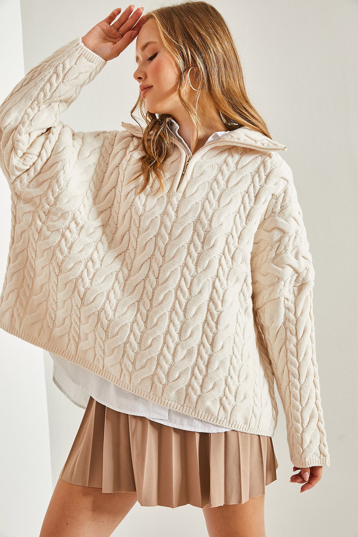 Women's Turtleneck Zippered Patterned Knitwear Sweater 40931017