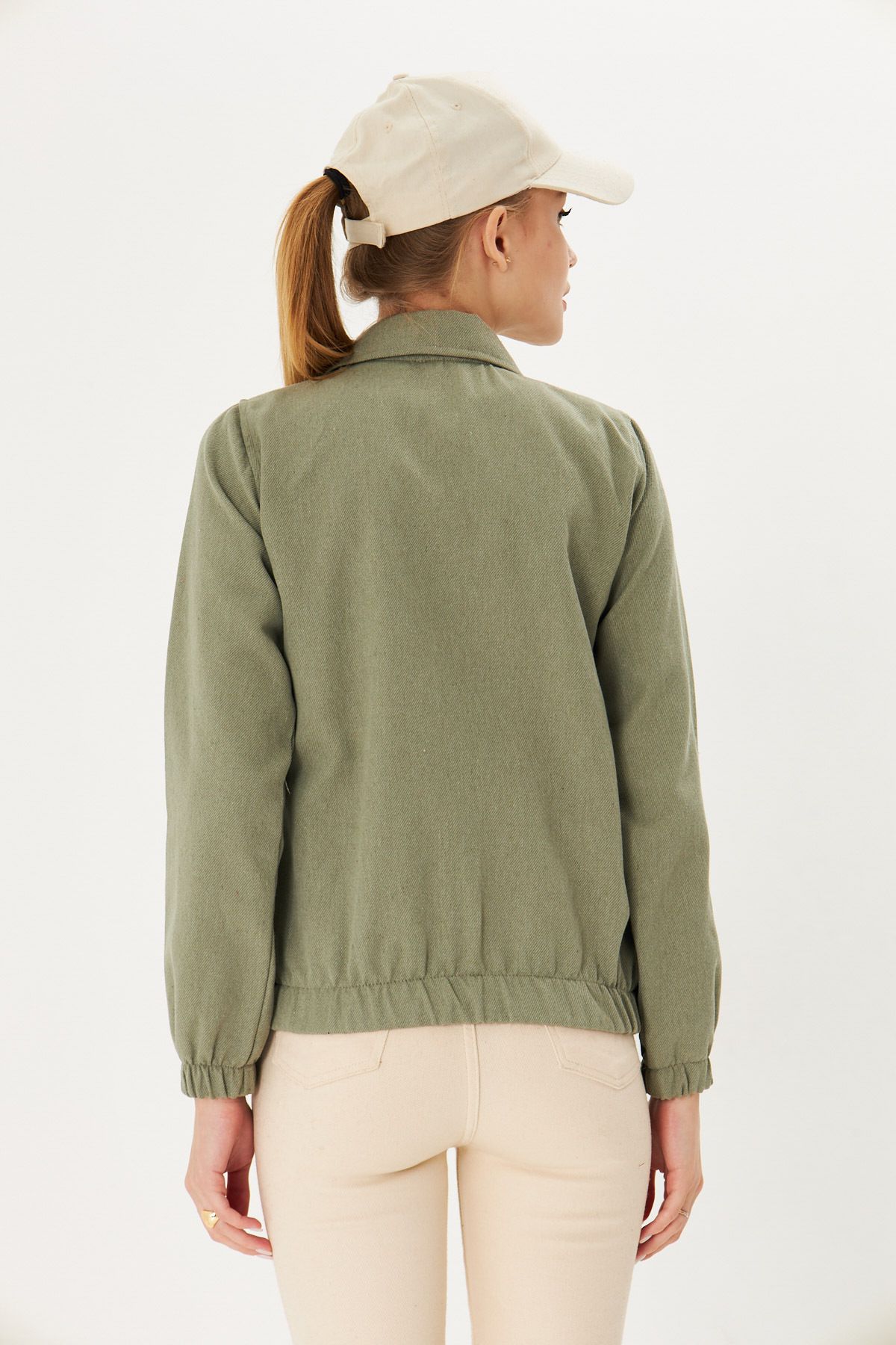 Female Khaki shirt collar front zipper chest pocket detailed waist tire jacket ARM-25K001055
