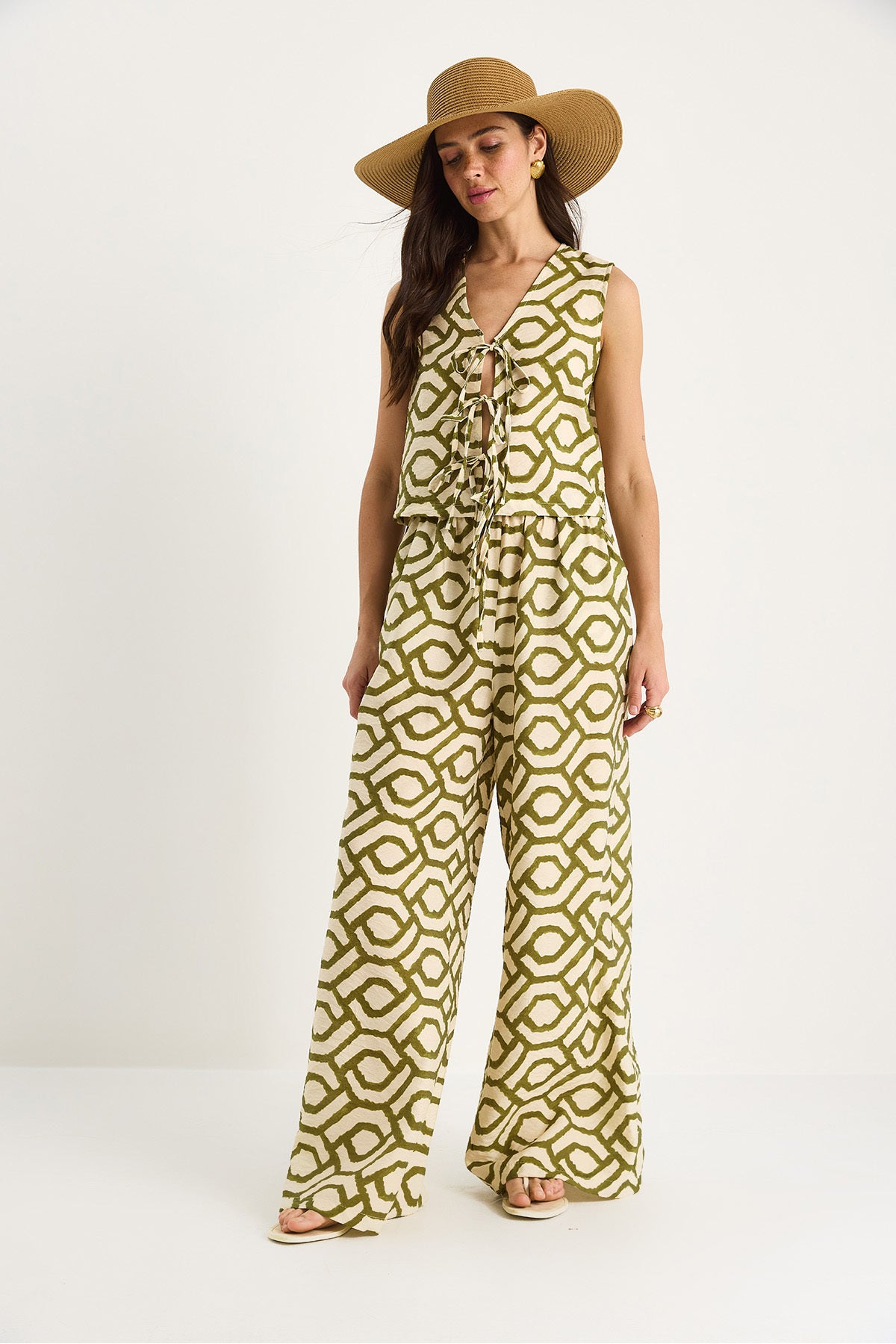 Women's Tie Detailed Blouse Patterned Viscose Top and Bottom Set 252-8035 60283427