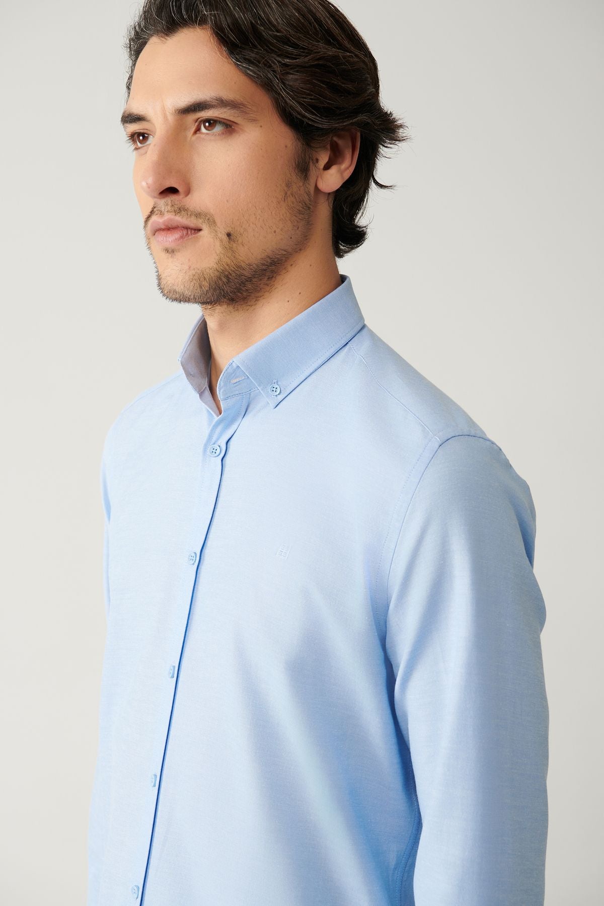 Men's blue button collar easily ironed cotton Oxford Shirt E002000