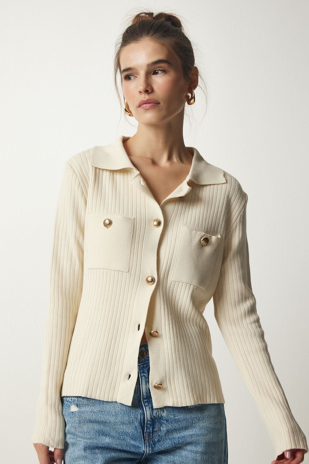 Women's cream metal button knitwear cardigan BV00109