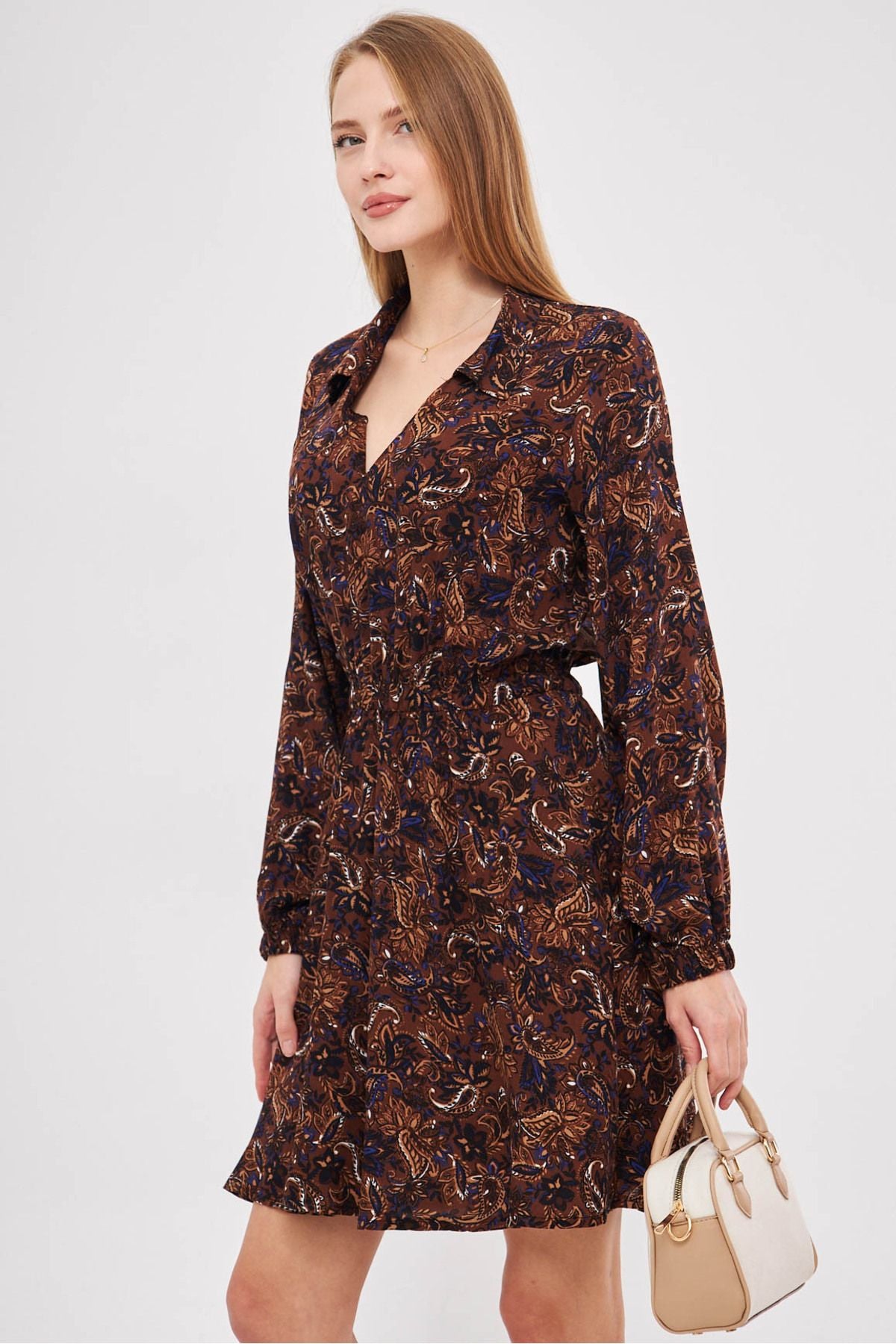 Women's coffee shirt collar detailed waist handle rubber dress with rubber dress ARM-25K001043