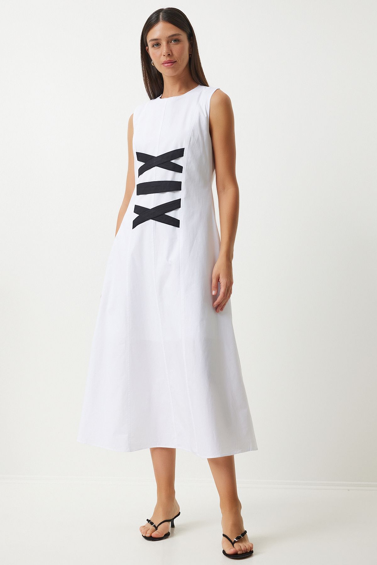 Woman White Black Ribbon Detailed Tok Poplin Dress AN00202