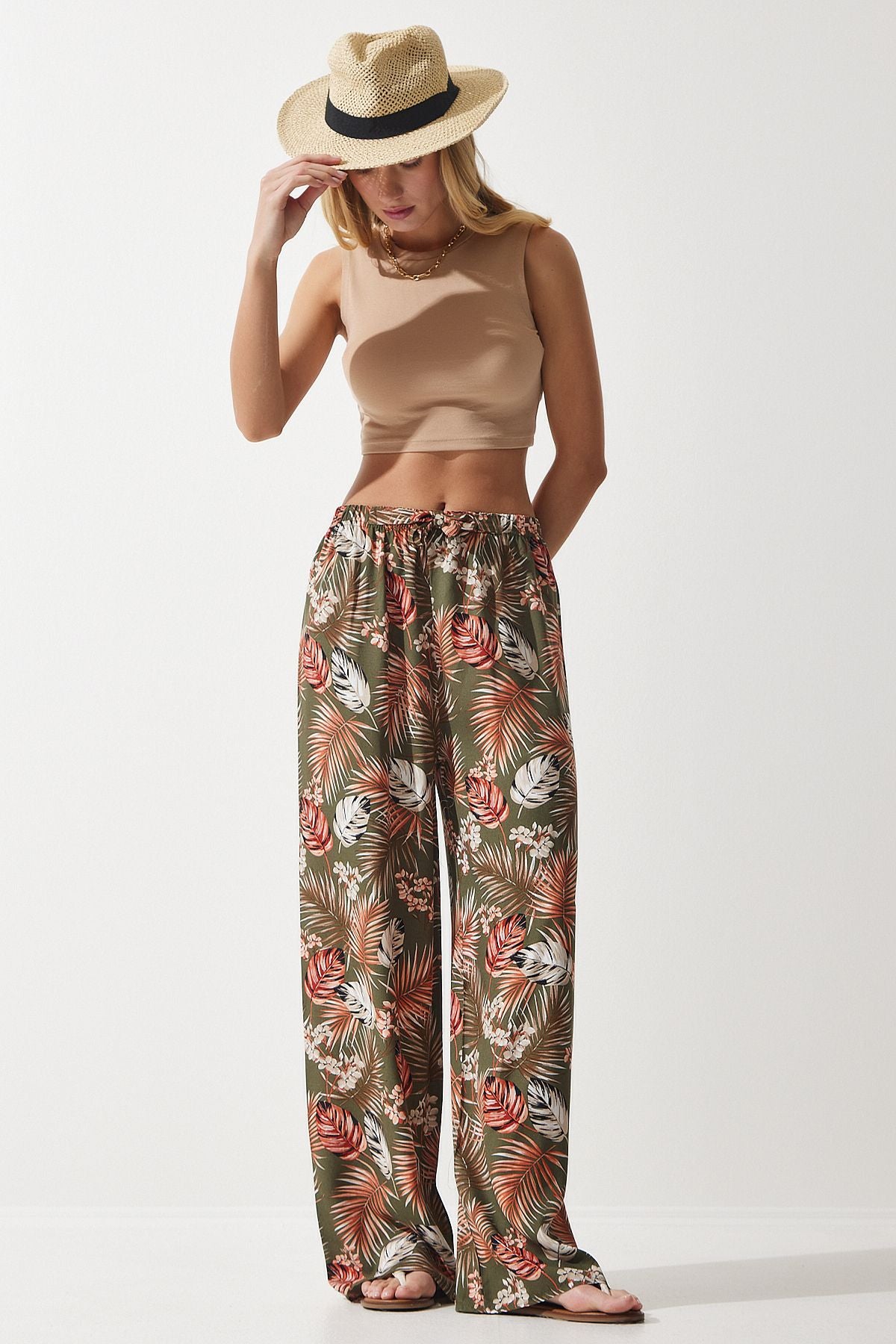 Female Khaki Tile Patterned Viscose Palazzo Pants EN00606