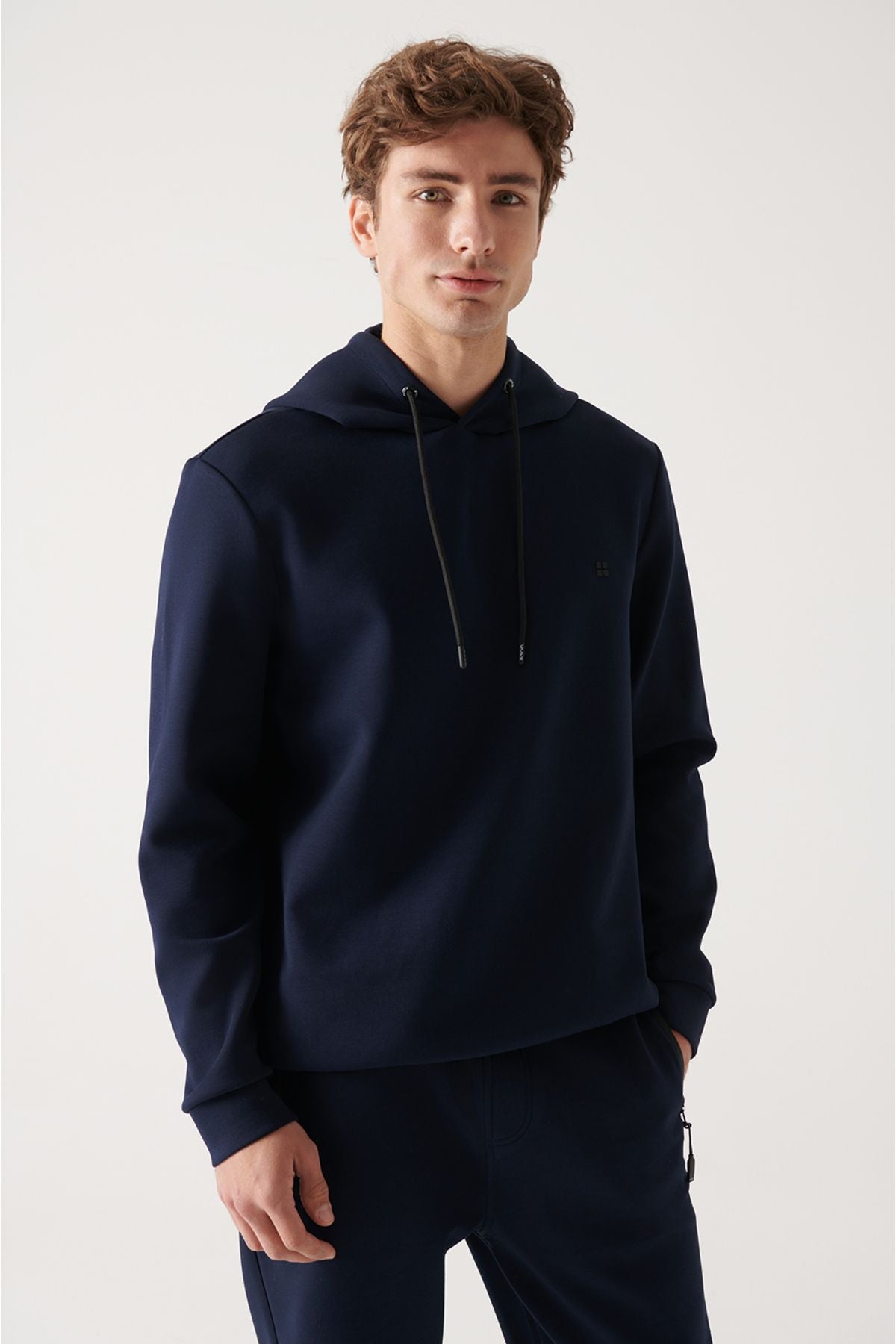 Men's navy blue hooded flexible soft tissue interlok fabric sweatshirt B001101