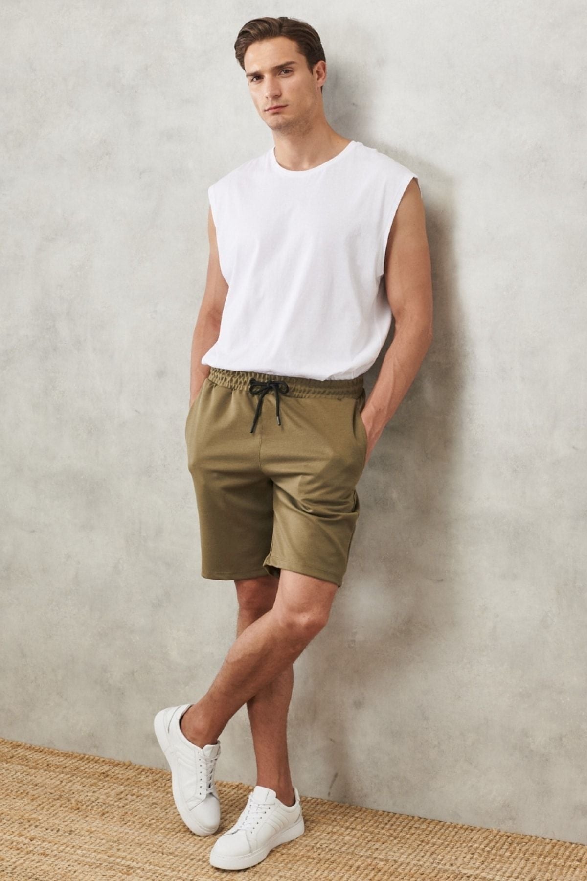 Male Khaki Standard Fit Daily Casual Sports Knitting Shorts