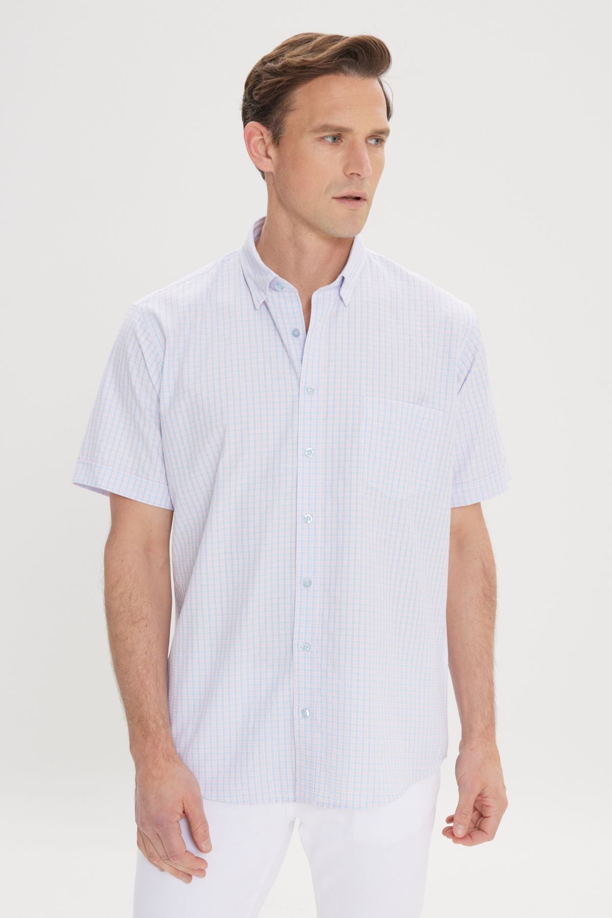 Men's White-Blue Comfort Fit Casual Cutting Buttoned Neck Square Short Sleeve Shirt