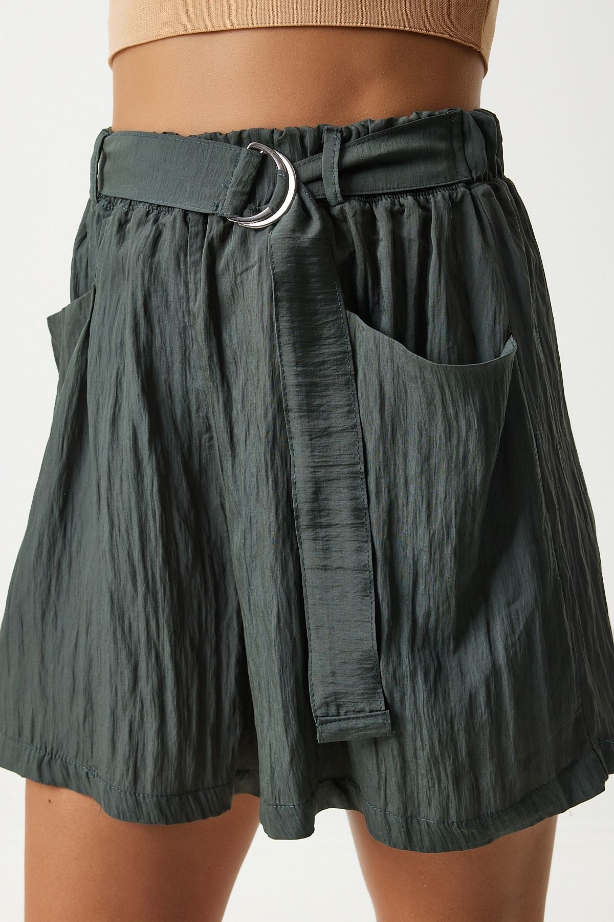 Woman Dark Khaki Arched City Boy Woven Shorts RC00154