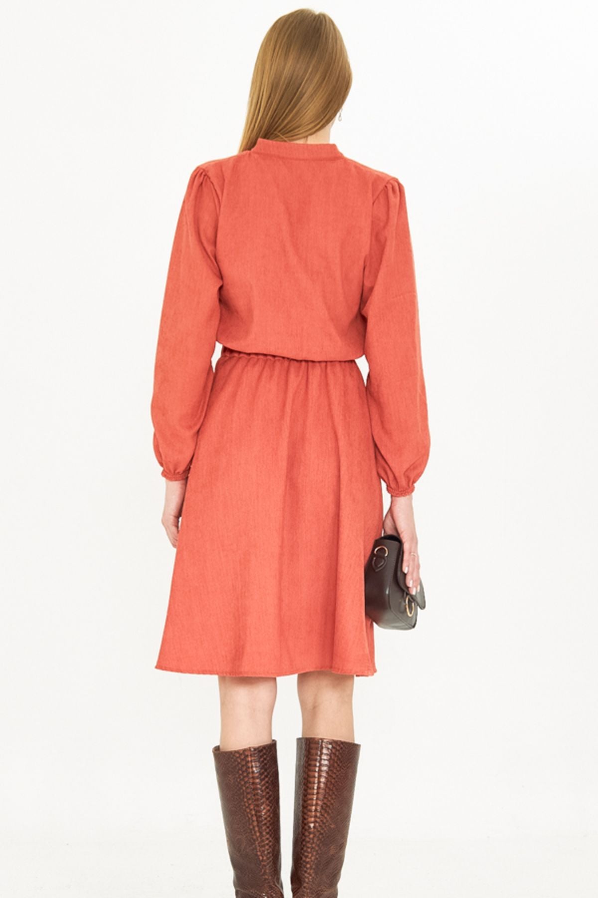 Female Salmon Velvet V-neck Waist Thin Fine Red Clash Dress ARM-25K001049