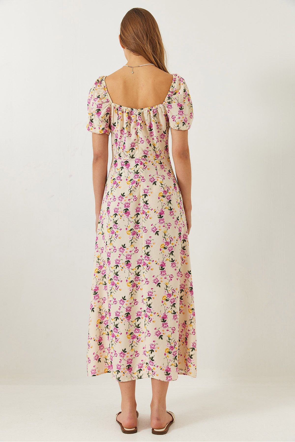 Female Baglama Neck Slit Detailed Patterned Midi Viscose Dress 60261492