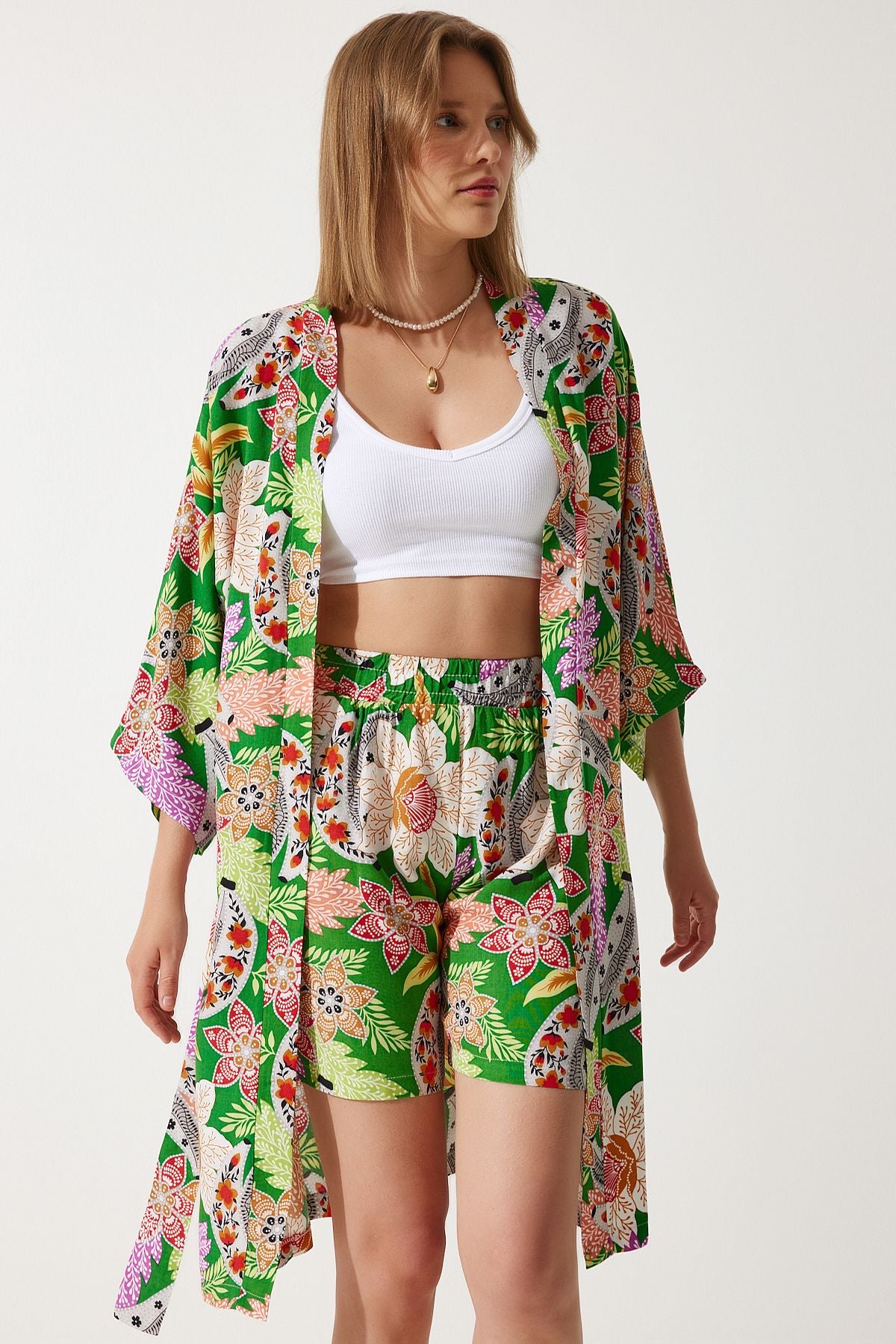 Female green cottage viscose kimono shorts team BP00161