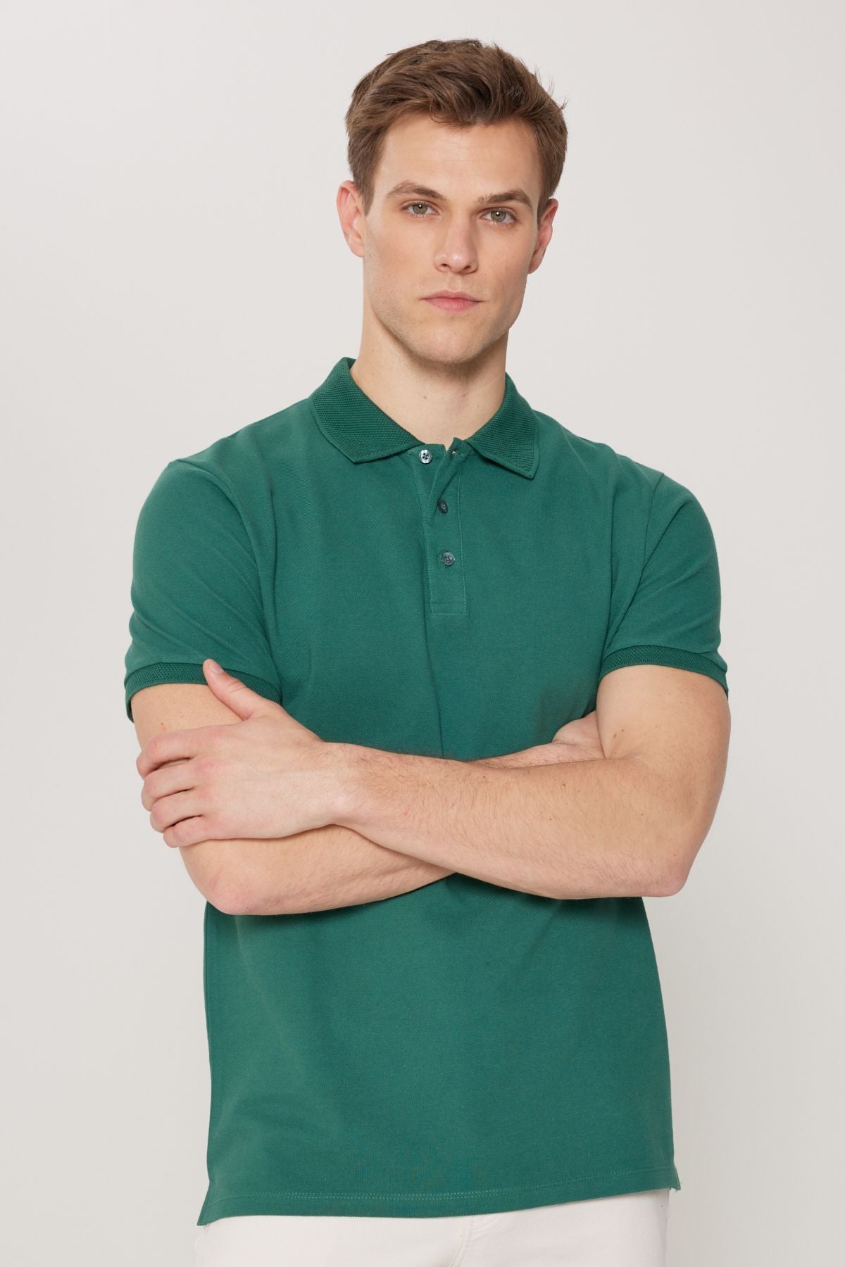 Men's Dark Green 100 %Cotton Curlled Pike Polo Yaka Slim Fit Narrow Cut T -shirt