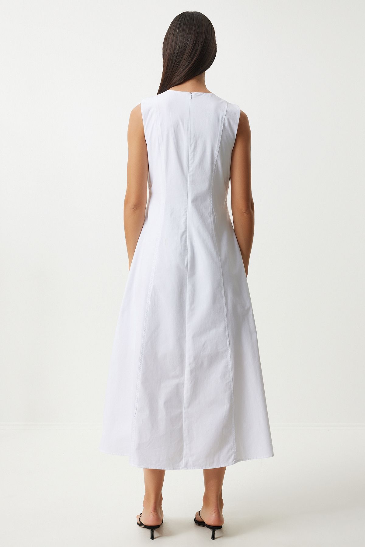 Woman White Black Ribbon Detailed Tok Poplin Dress AN00202