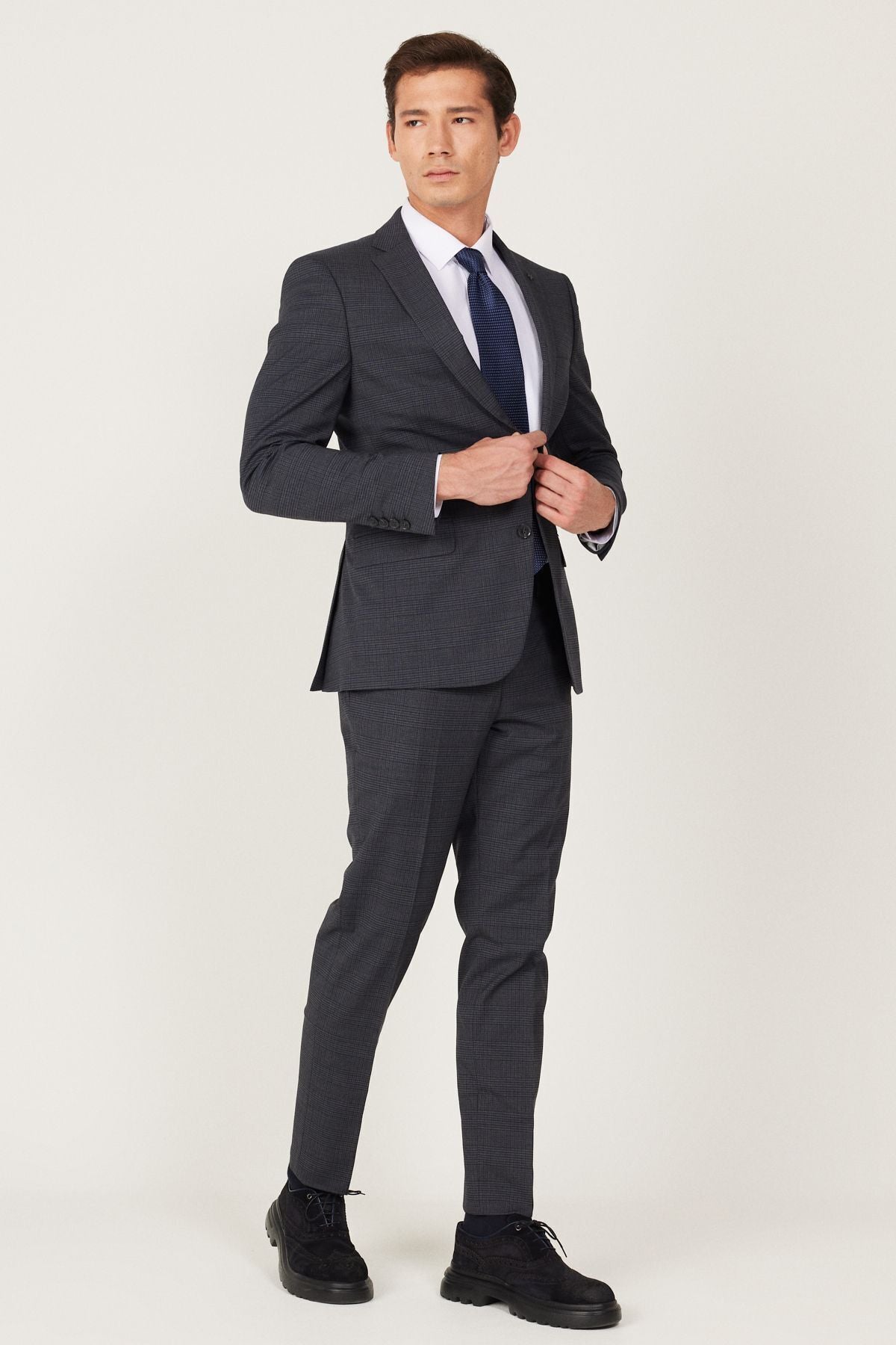 Men's anthracite-Lacivert Wool Extra Slim Fit Narrow Cut Mono Yaka Patterned Suit