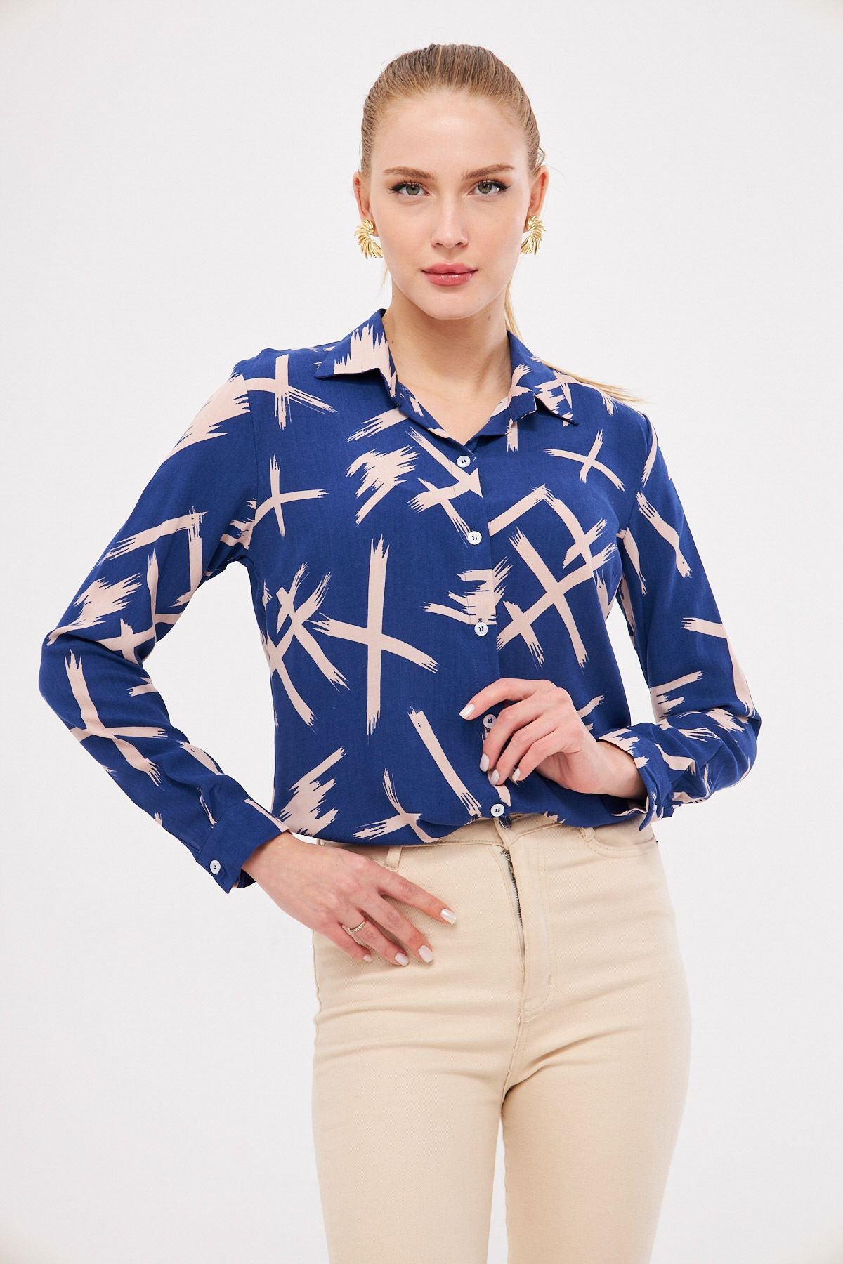 Women's Navy Blue Patterned Long Sleeve Shirt ARM-25K001040