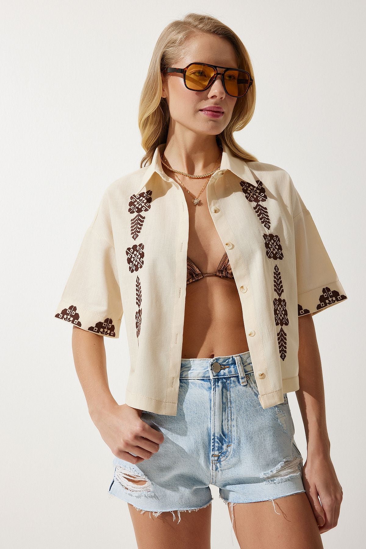 Women's Cream Embroidery Short Linen Shirt RG00009