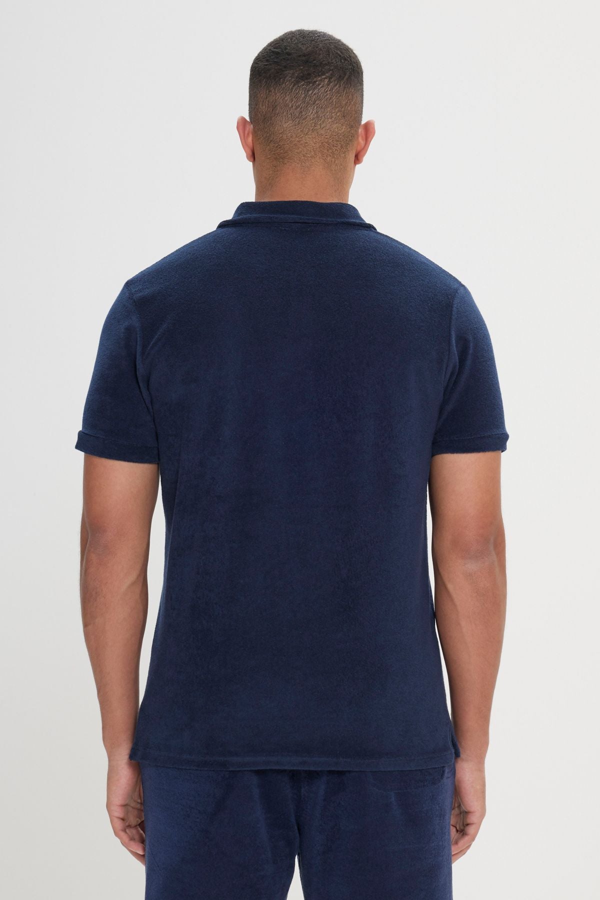 Men's navy blue slim fit narrow cut cotton towel fabric polo collar t -shirt