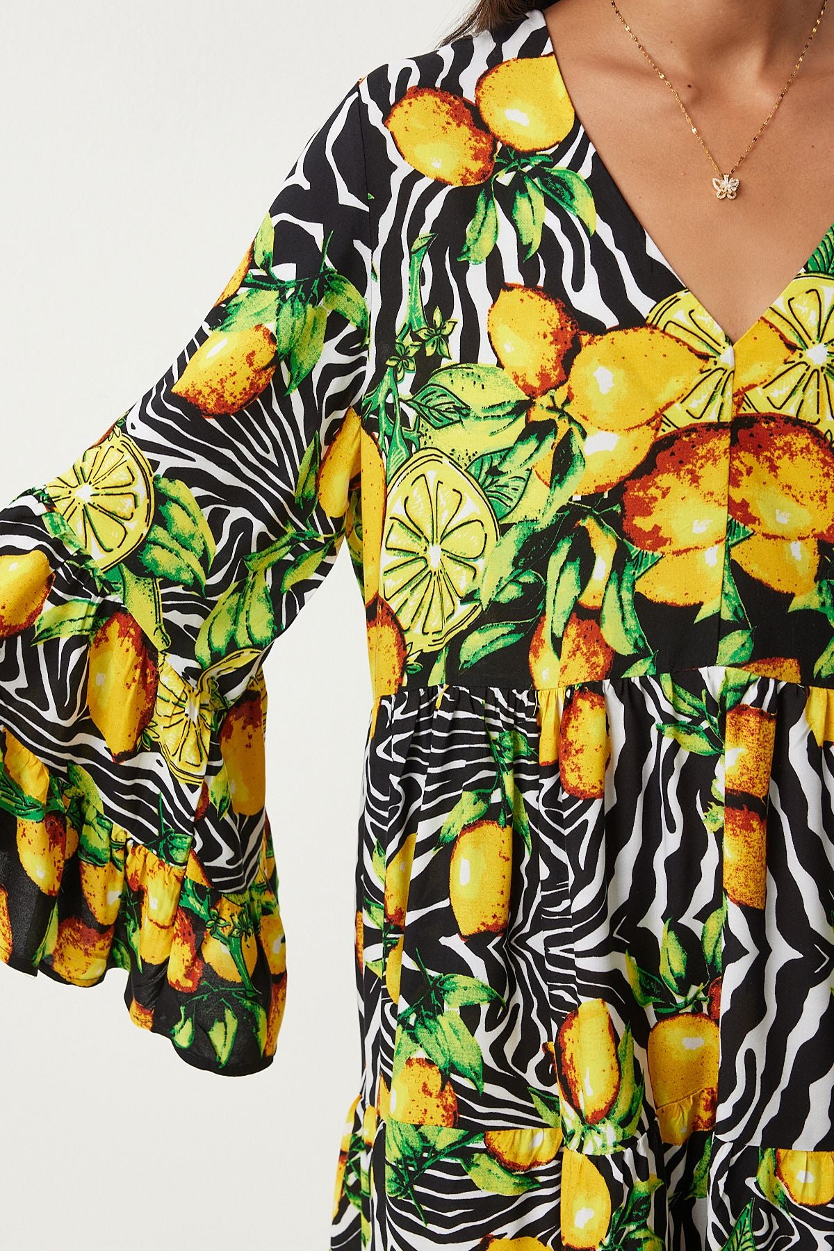 Woman Yellow Black Patterned Summer plenty of viscose dress FN03200
