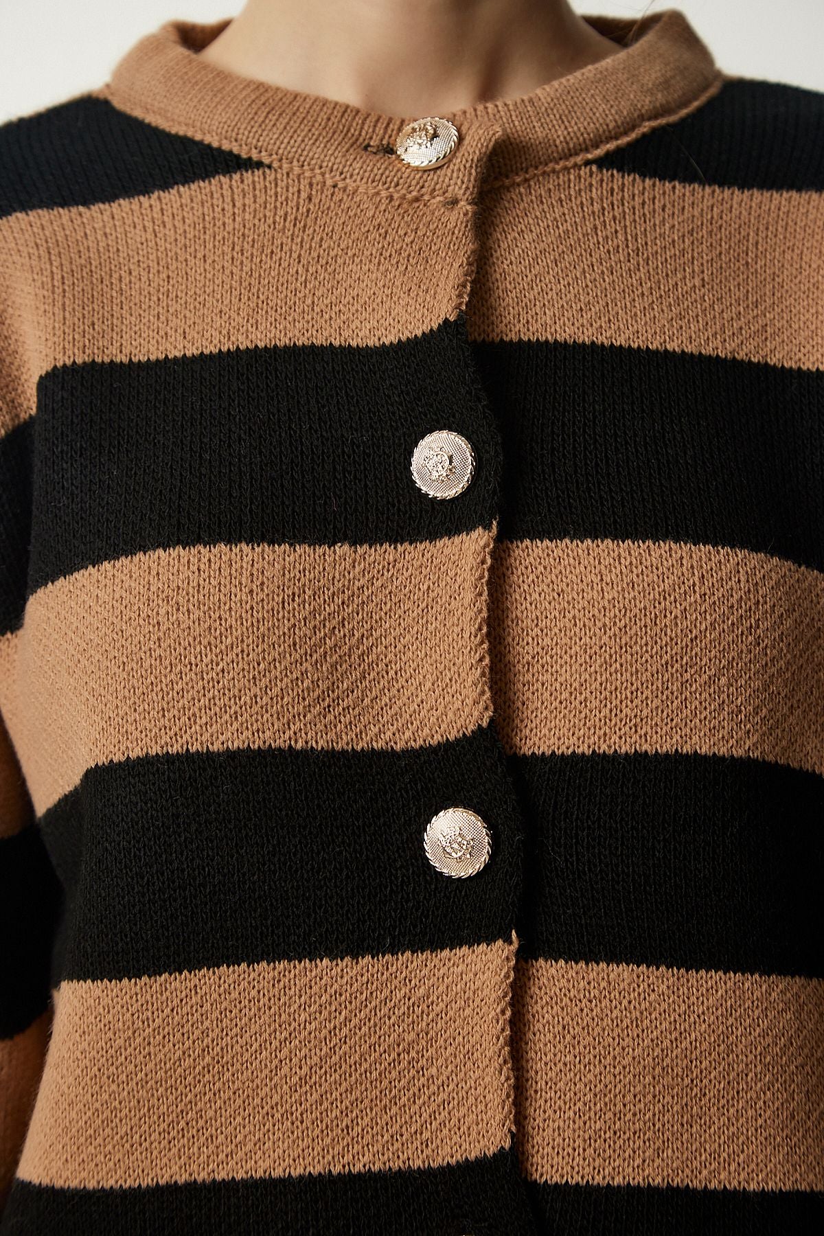 Female Biscuit Black Stylish button striped knitwear cardigan NF00078