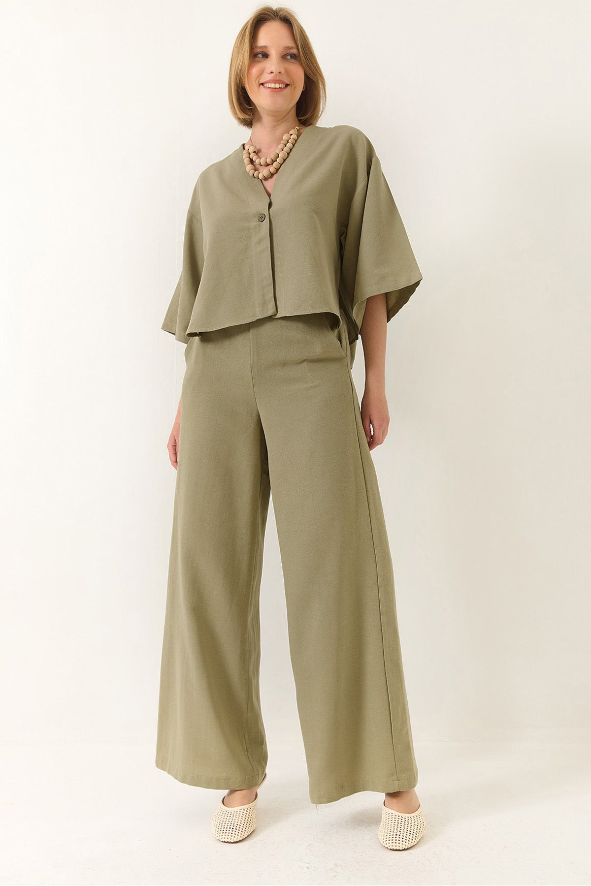 Women's V-Neck Bat Sleeve Linen Kimono Palazzo Top and Bottom Set with Trousers 9295 60281019