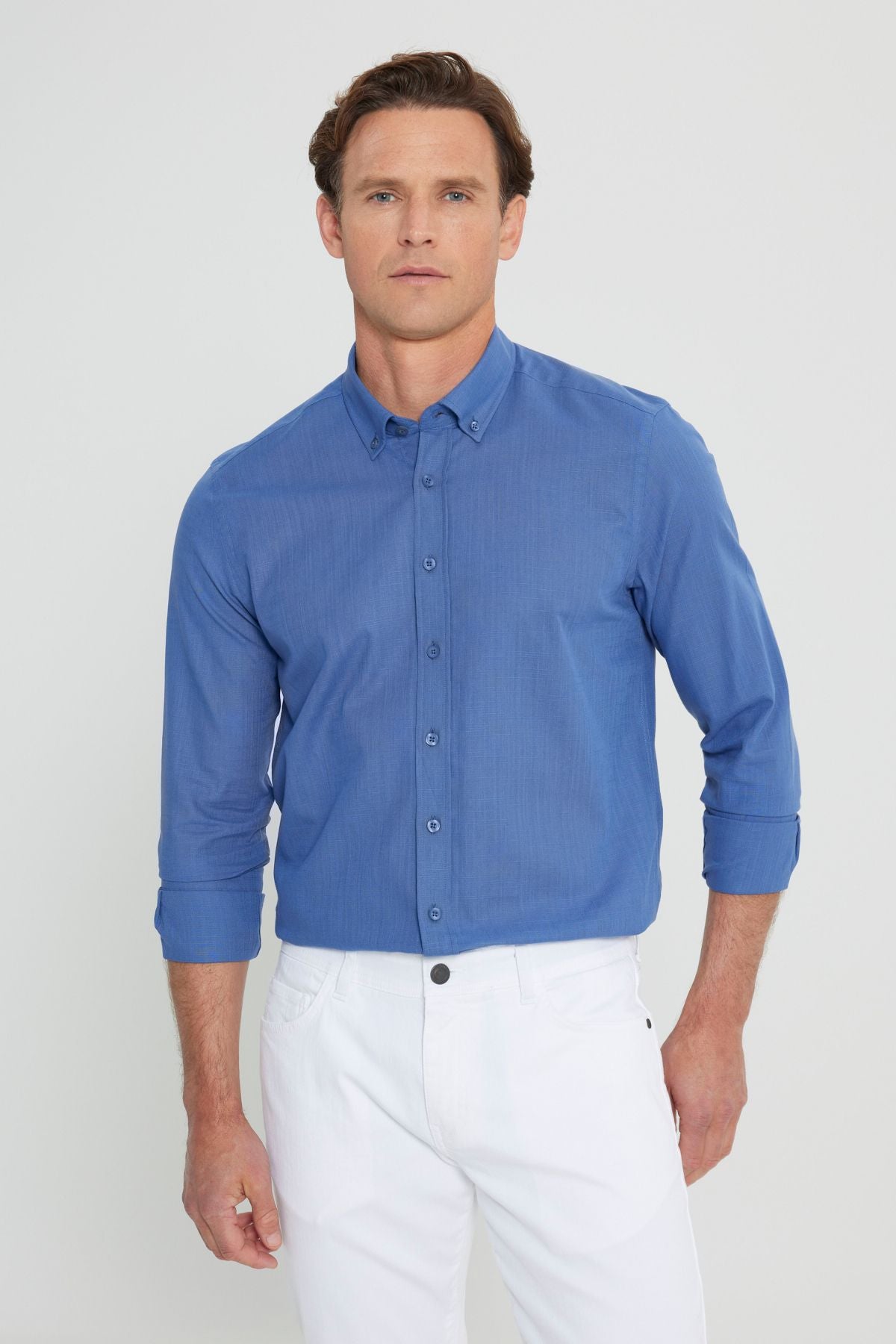 Men's Indigo 100 %Cotton Breathing Fabric Flamle Oxford Slim Fit Fit Narrow Cutting Buttoned Neck Shirt