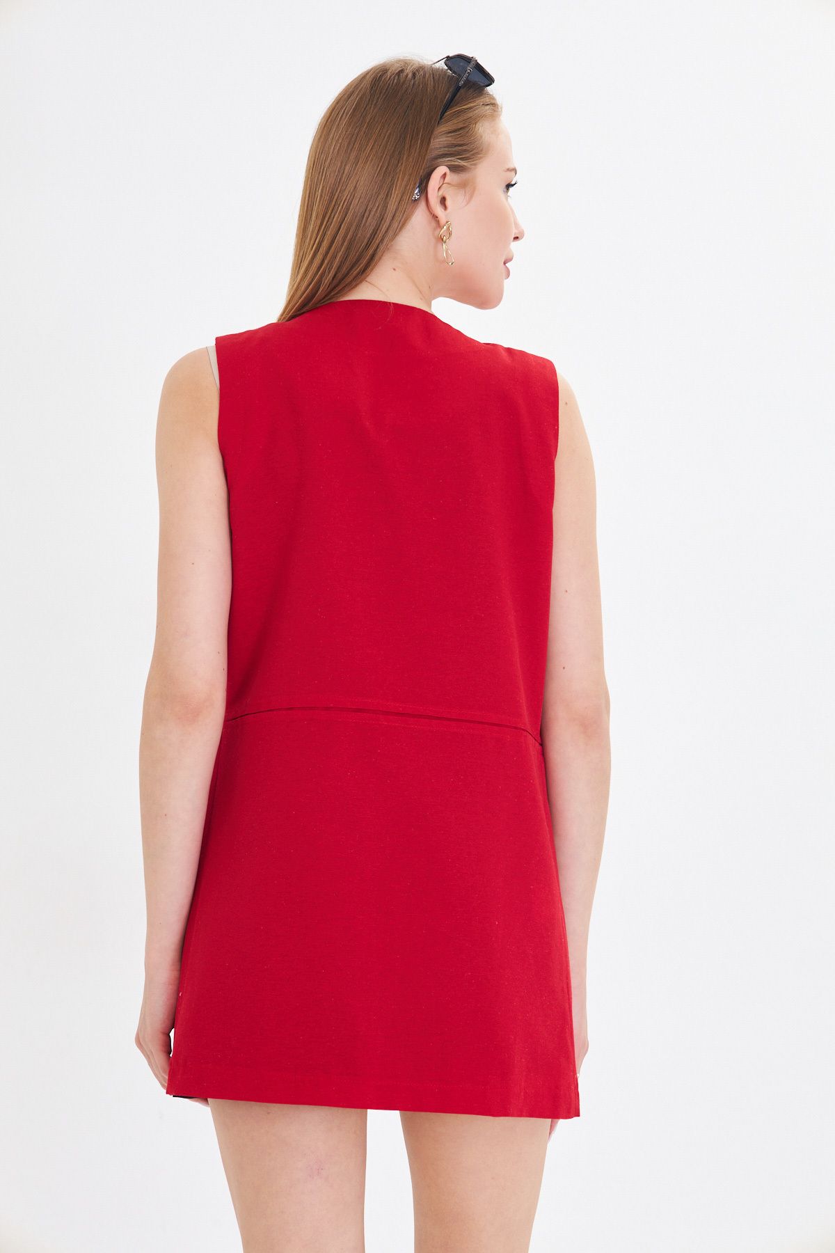 Woman Red Zero Yaka Sewing Detailed Vest on the waist Arm-25y001019