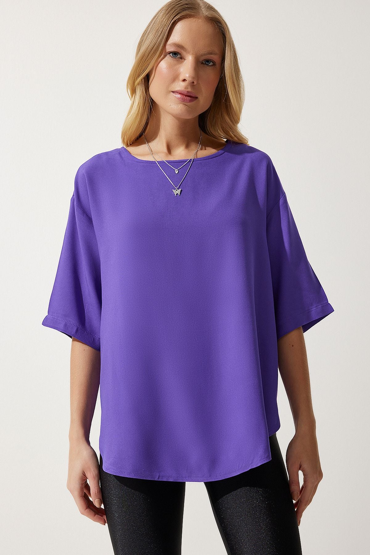 Female purple bike collar draped viscose blouse RC00152