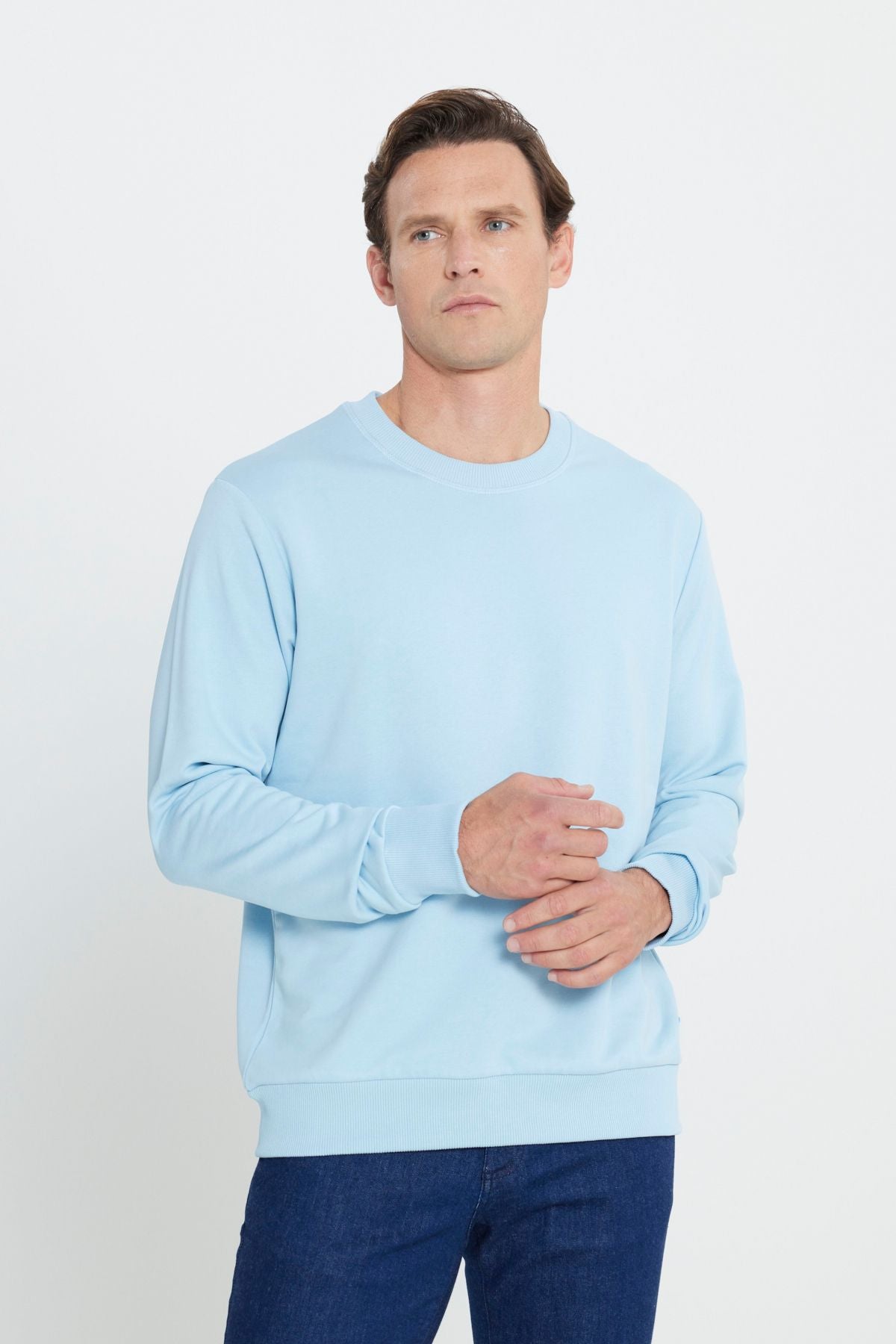 Erkek Açık Mavi Standart Fit Normal Kesim Bisiklet Yaka 3 Iplik Pamuklu Sweatshirt