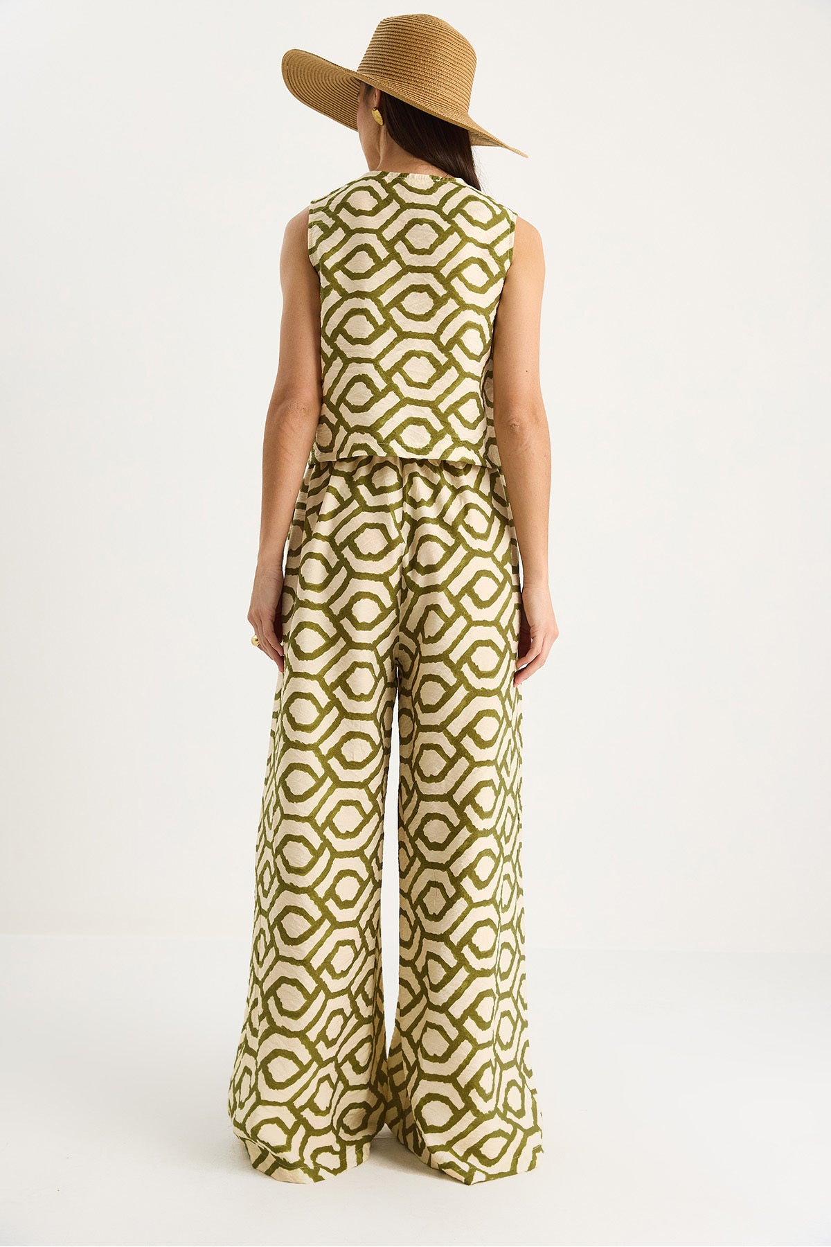 Women's Tie Detailed Blouse Patterned Viscose Top and Bottom Set 252-8035 60283427