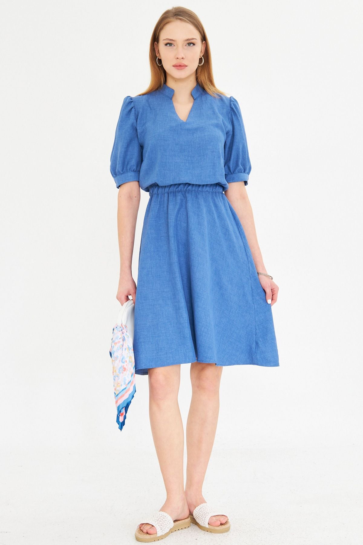 Woman Dark Blue V-Yaka Waist Waist Tire Short Sleeve Clash Dress ARM-25Y001001