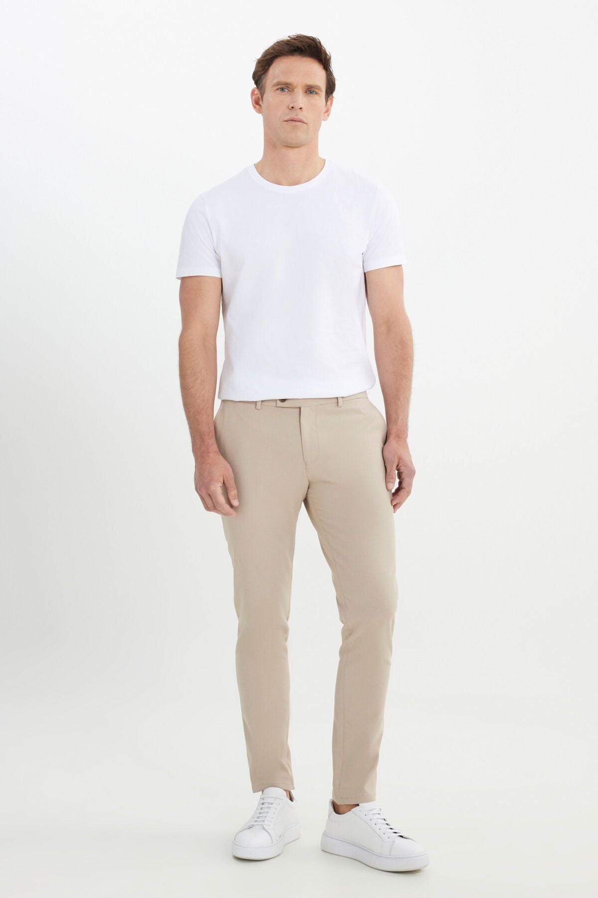 Men's Beige Slim Fit Italian Cutting Side Pocket Flexible Casual Pants