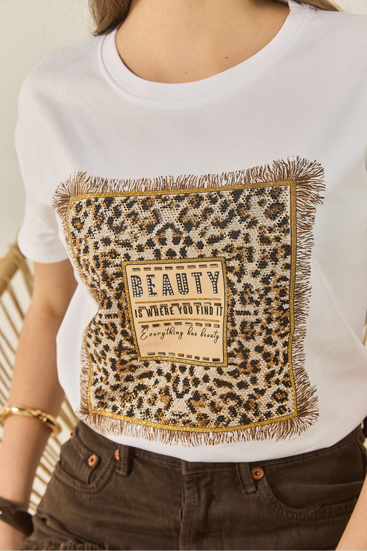 Women's Cycling Neck Short Sleeve Stone Printed Leopard Detailed Regular Fit T-Shirt 1631 60283280