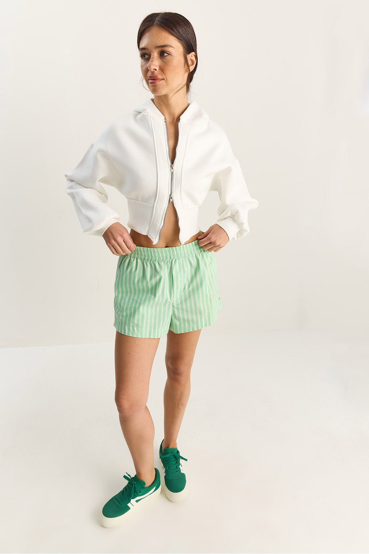 Women's Zippered Hooded Flexible Knitted Crop Sweatshirt 60283858