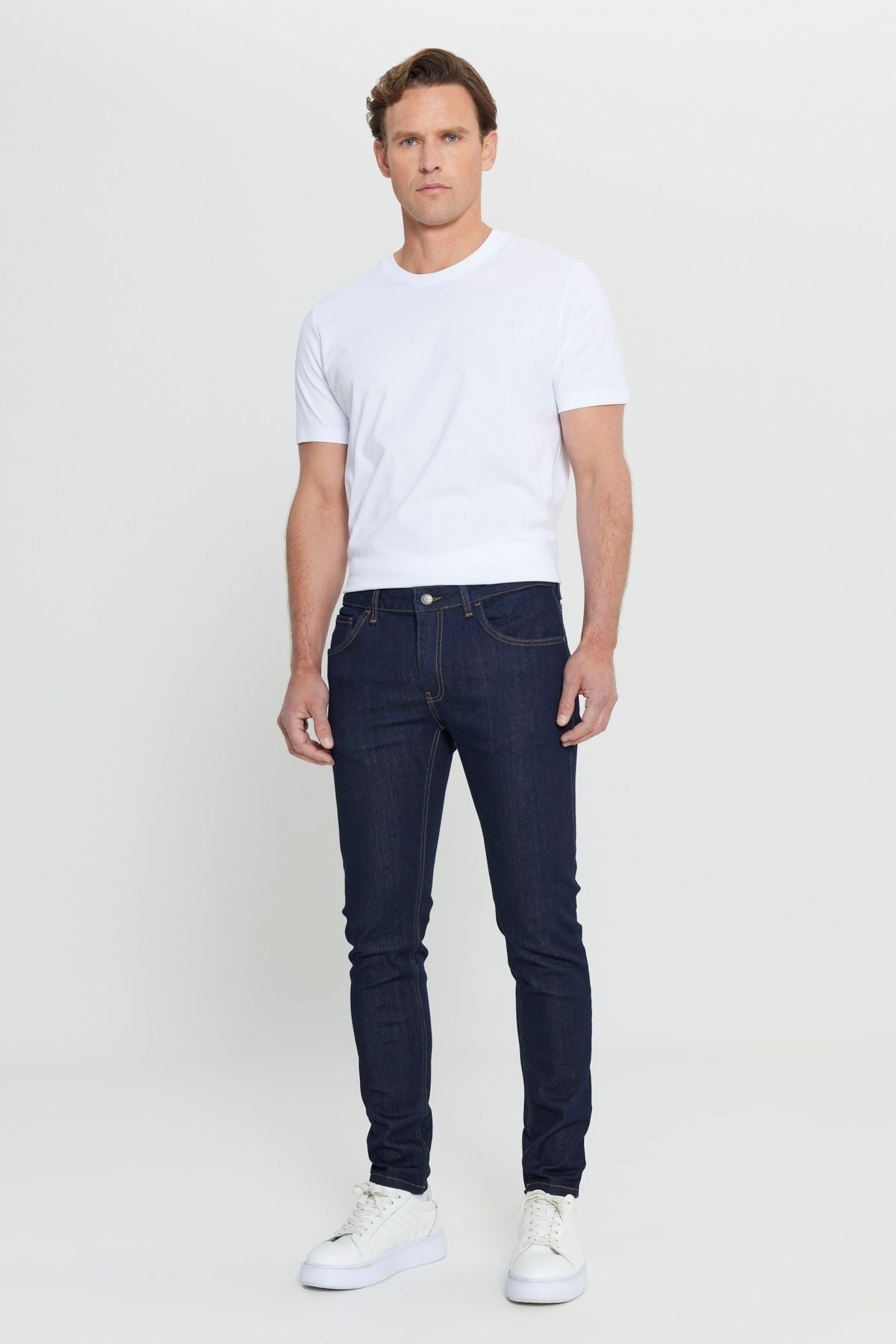 Men's dark navy blue extra slim fit narrow cut cotton flexible rıis jean jeans denim