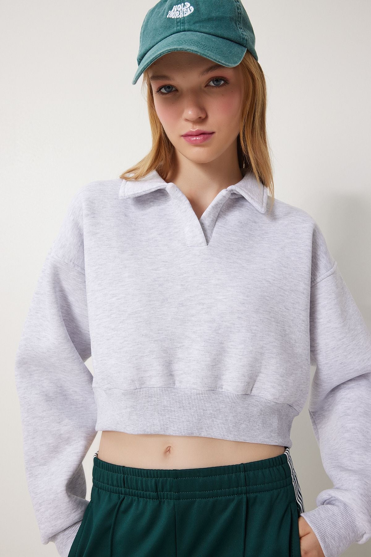 Women's Gray Polo Yaka Crop Knitting Sweatshirt HW00014