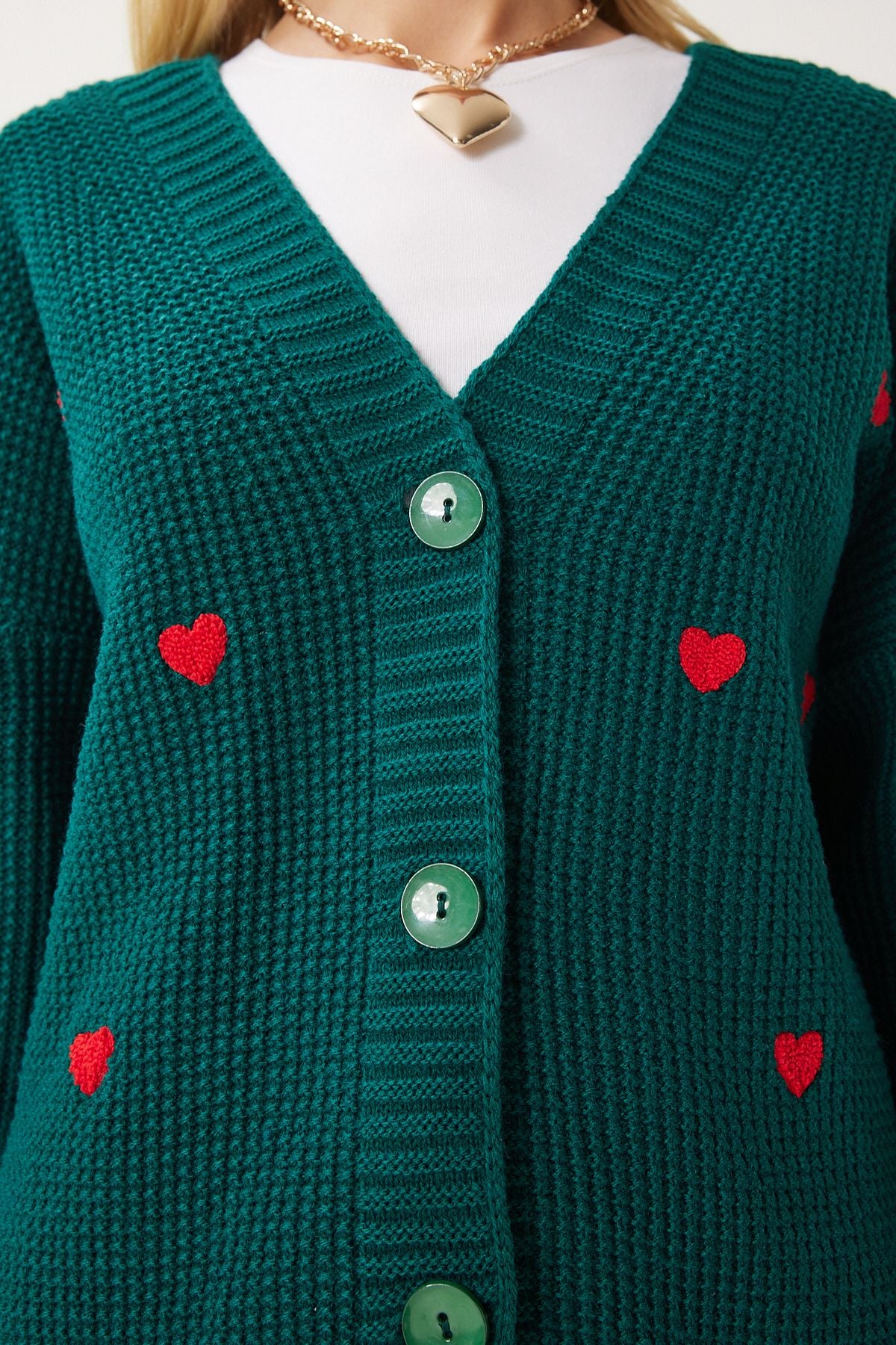 Female Emerald Green V -Neck Heart Textured Knitwear Cardigan KG00011